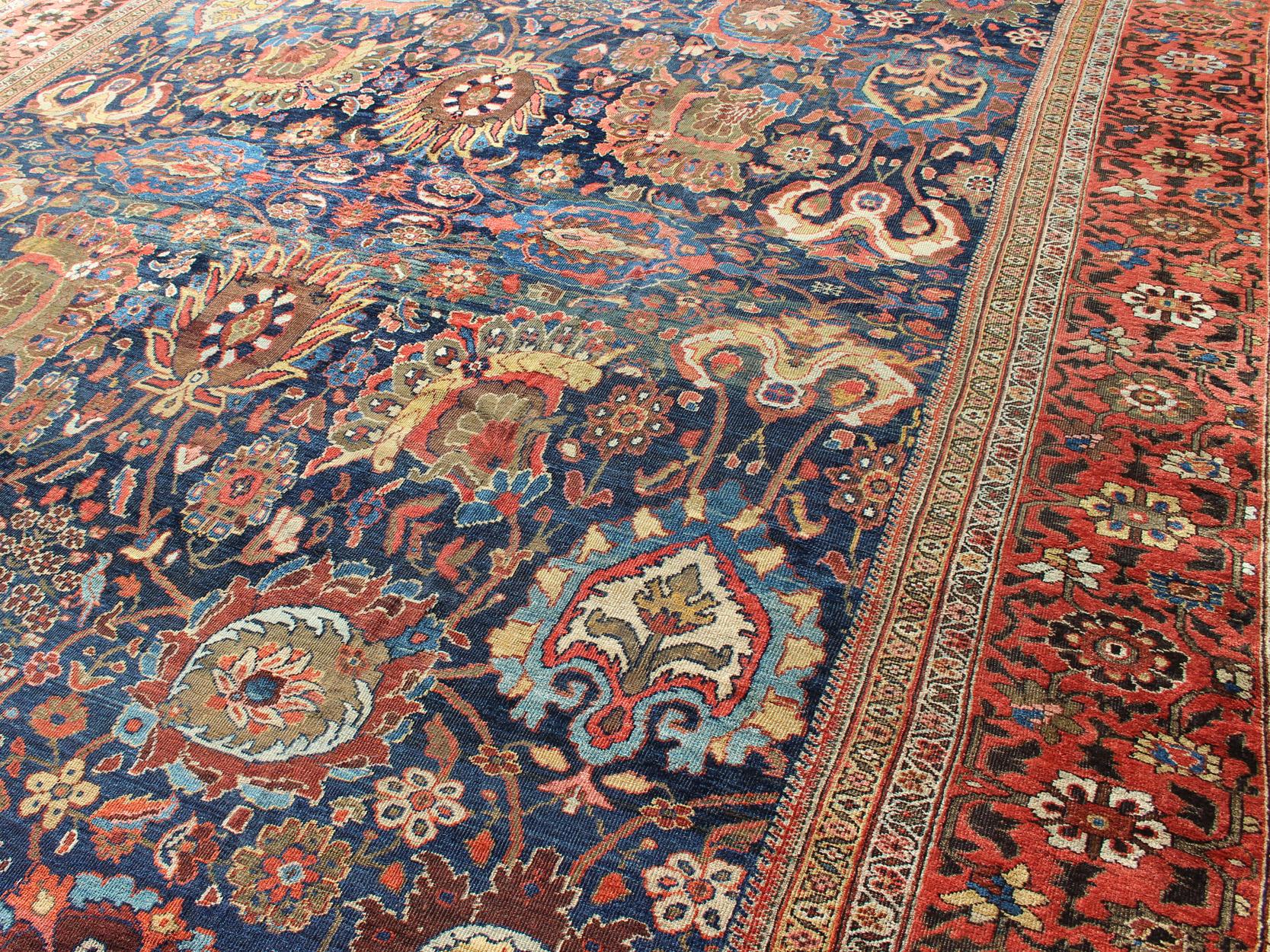 Exceptional Large Antique Sultanabad Rug in Midnight Blue and Coral Red For Sale 1