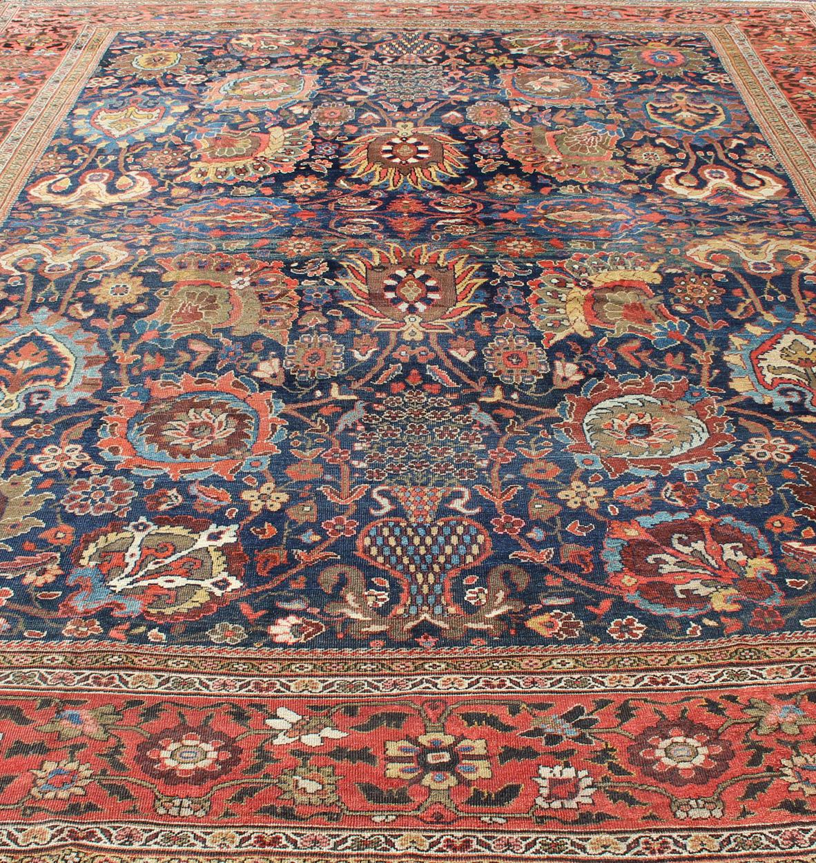 Exceptional Large Antique Sultanabad Rug in Midnight Blue and Coral Red For Sale 2