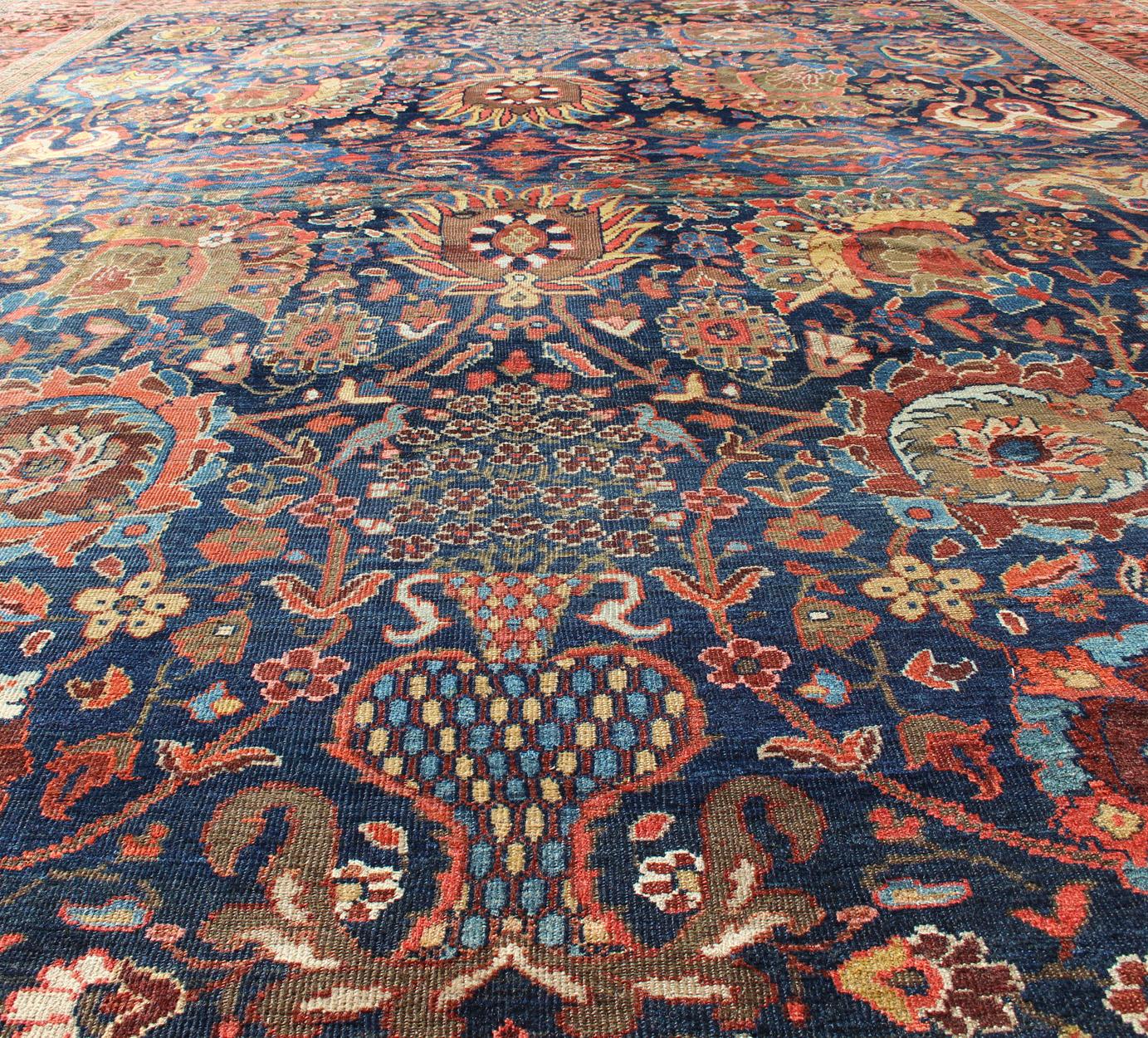Exceptional Large Antique Sultanabad Rug in Midnight Blue and Coral Red For Sale 3