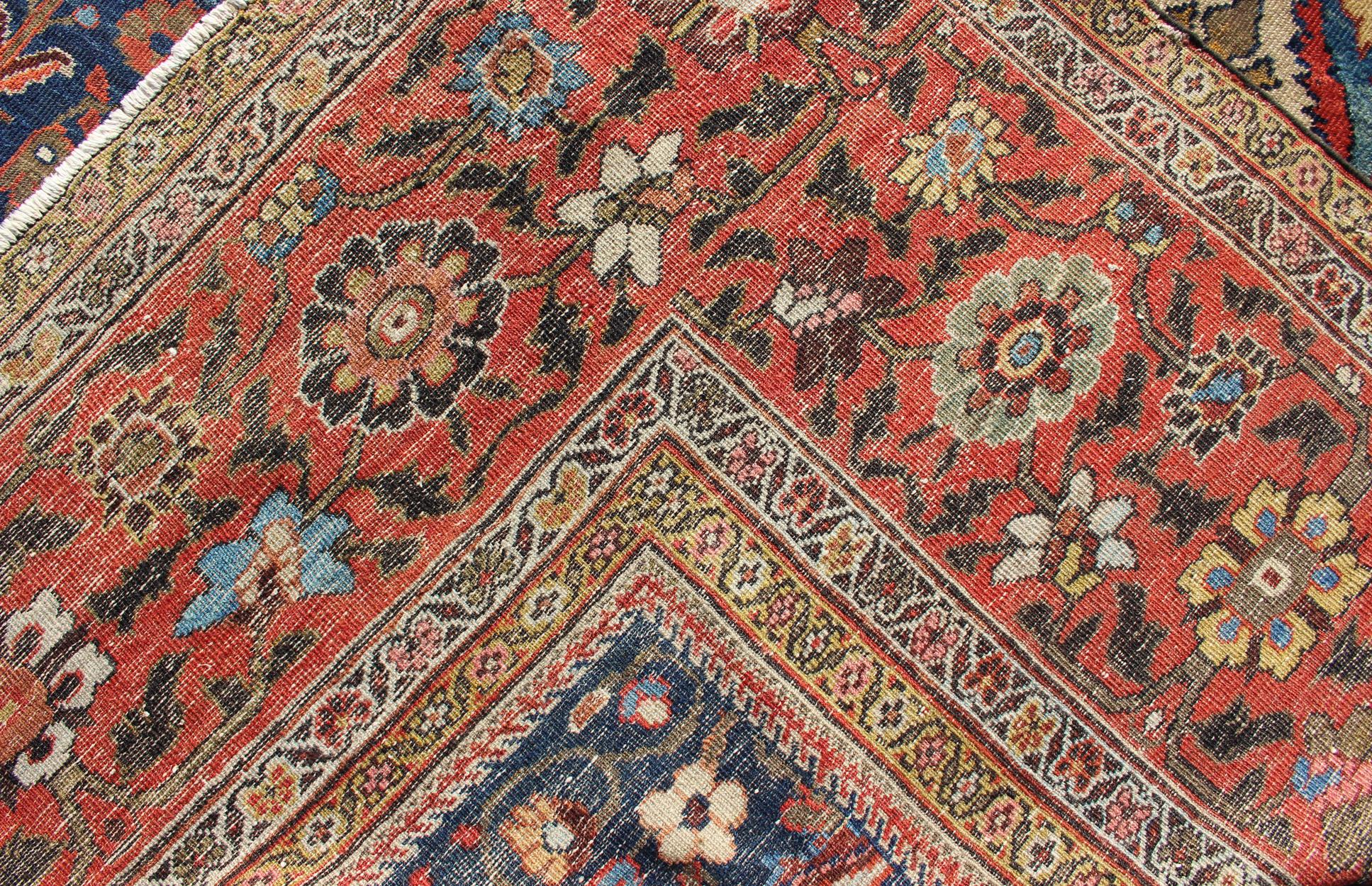 Exceptional Large Antique Sultanabad Rug in Midnight Blue and Coral Red For Sale 5