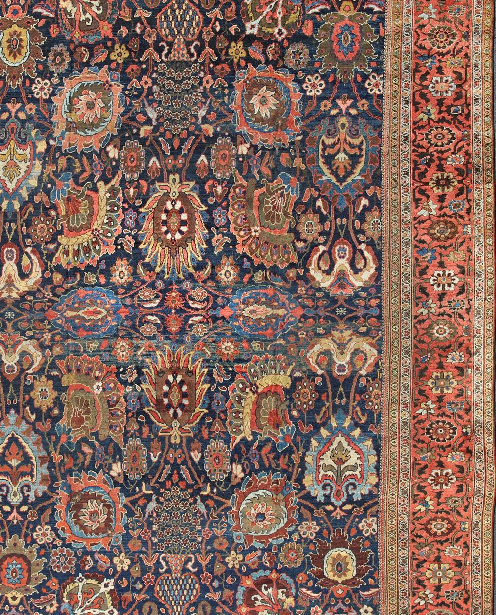 Persian Exceptional Large Antique Sultanabad Rug in Midnight Blue and Coral Red For Sale