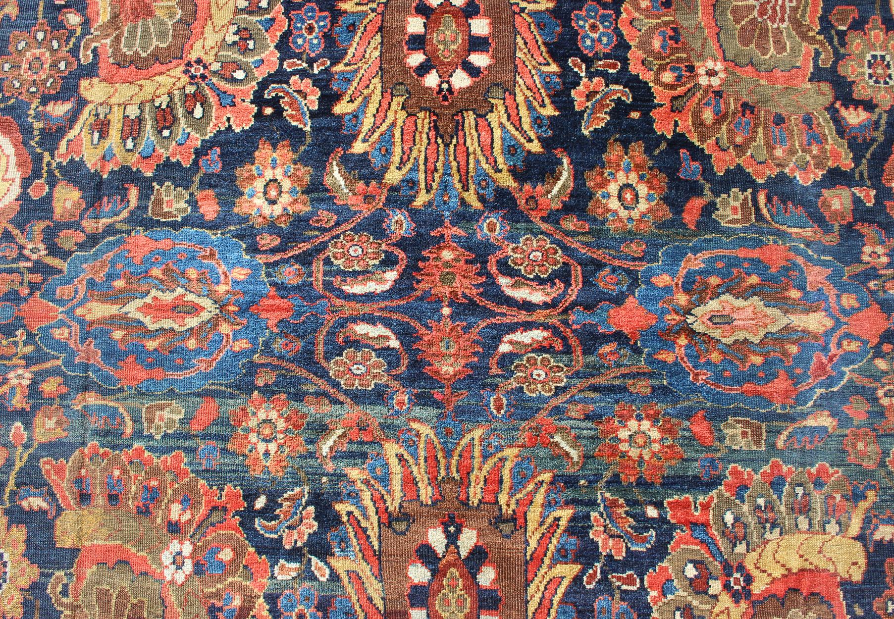 Hand-Knotted Exceptional Large Antique Sultanabad Rug in Midnight Blue and Coral Red For Sale