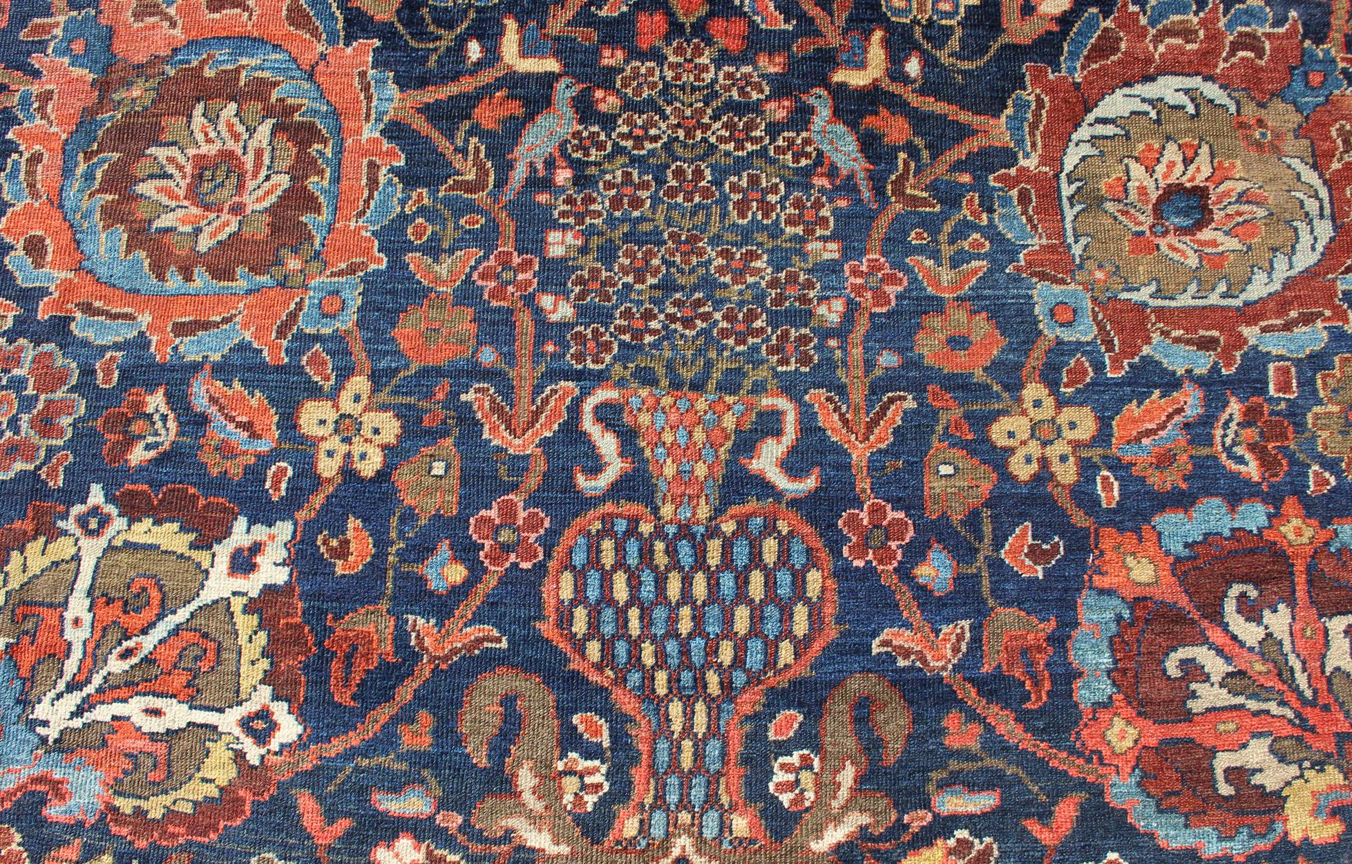 19th Century Exceptional Large Antique Sultanabad Rug in Midnight Blue and Coral Red For Sale