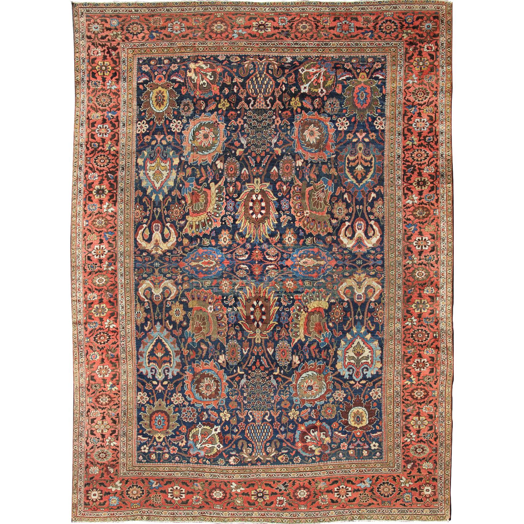 Exceptional Large Antique Sultanabad Rug in Midnight Blue and Coral Red For Sale