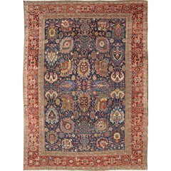 Exceptional Large Antique Sultanabad Rug in Midnight Blue and Coral Red