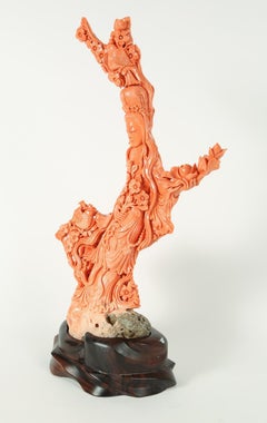 Exceptional Large Chinese Carved Coral Figural Group of a Guanyin Kwan Yin