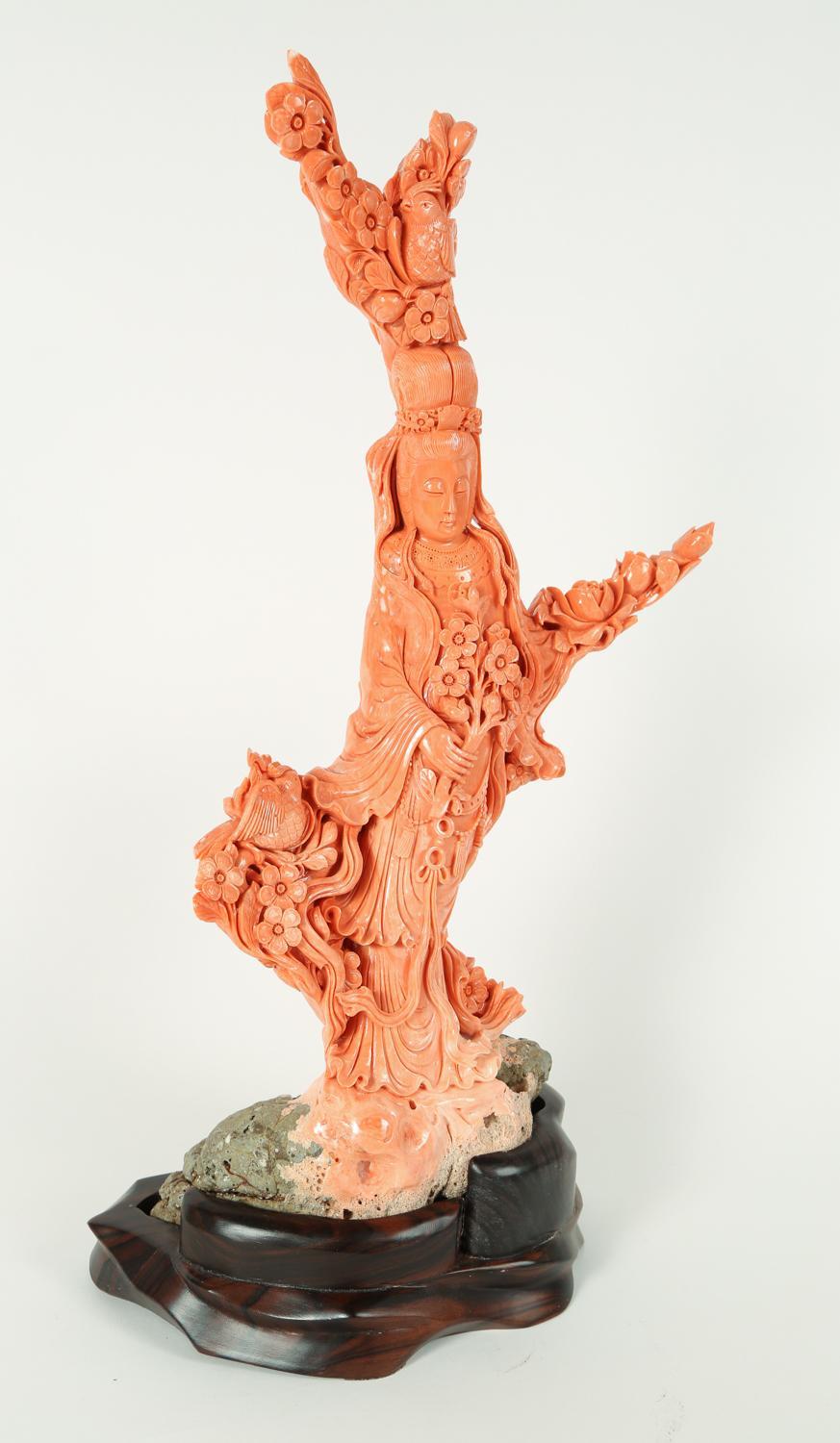 20th Century Exceptional Large Chinese Carved Coral Figural Group of a Guanyin Kwan Yin
