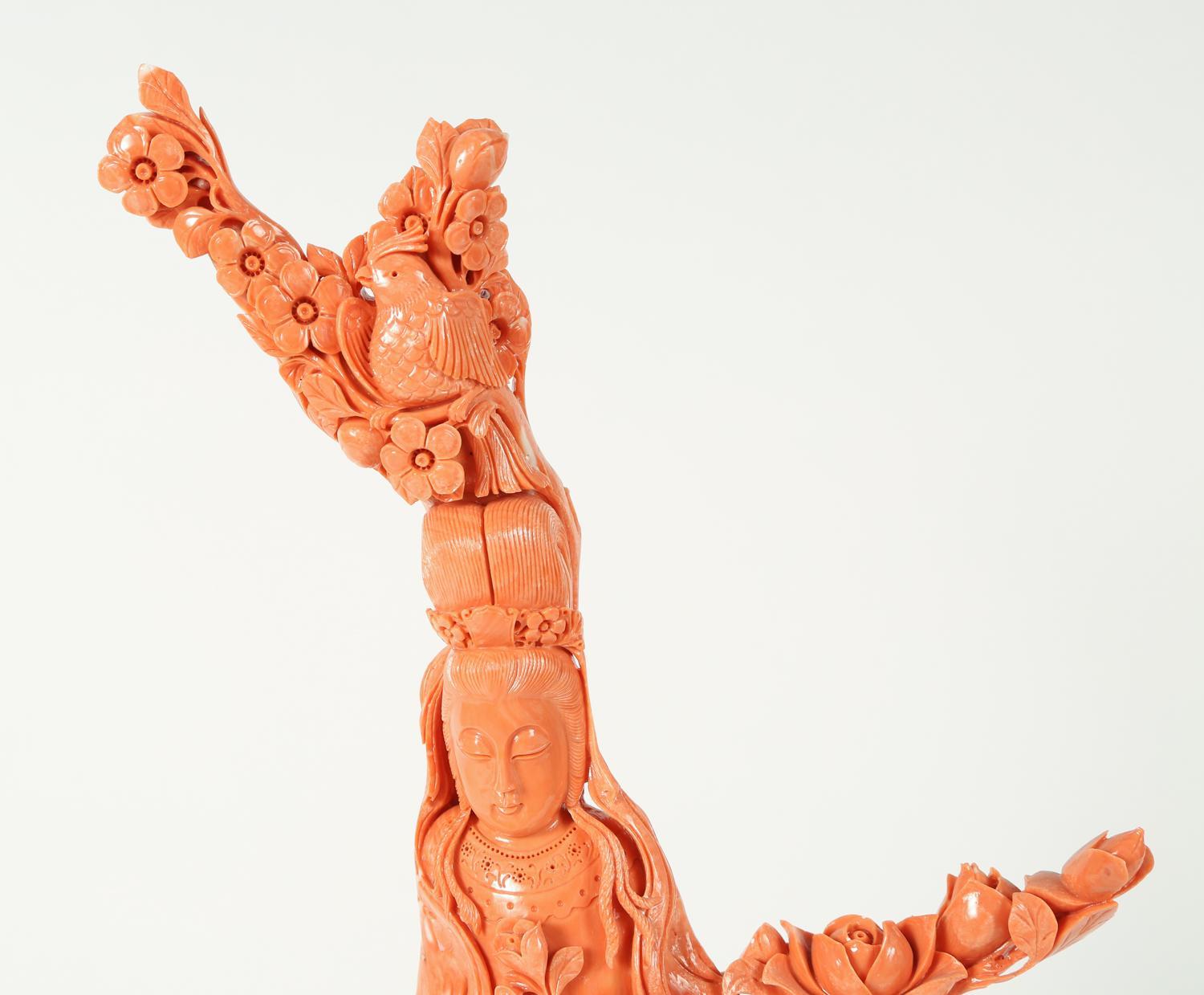 Exceptional Large Chinese Carved Coral Figural Group of a Guanyin Kwan Yin 1