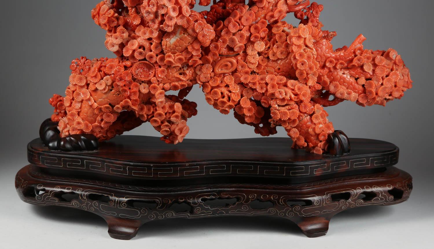 Exceptional Large Chinese Carved Coral Figural Group of a Pine Tree & Scholars 7