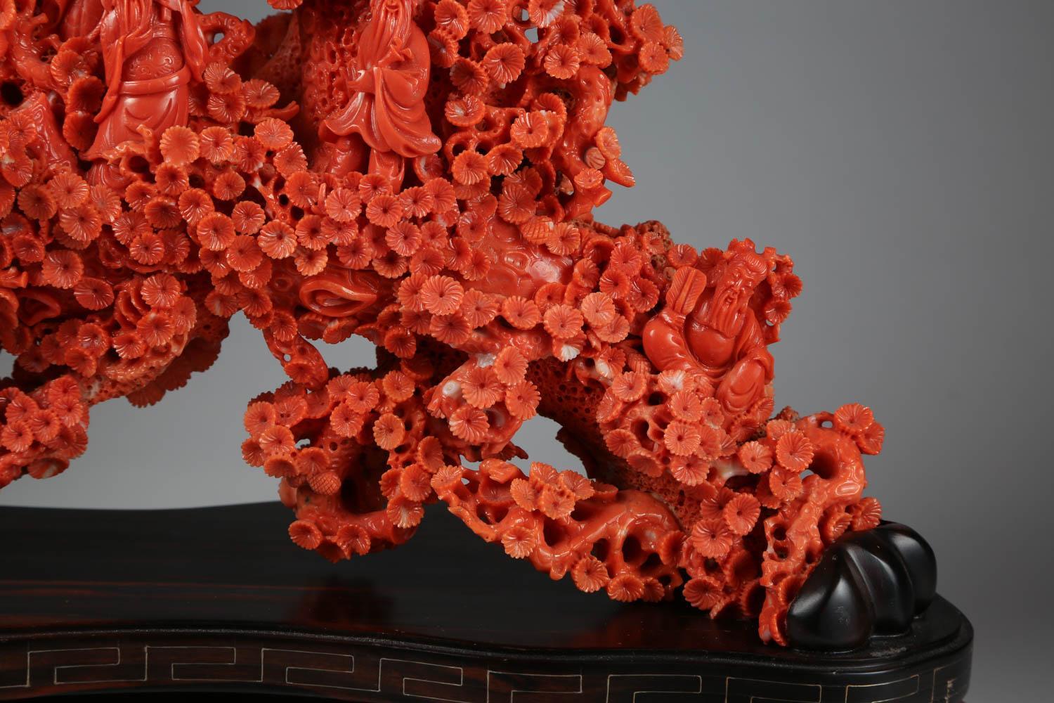 20th Century Exceptional Large Chinese Carved Coral Figural Group of a Pine Tree & Scholars
