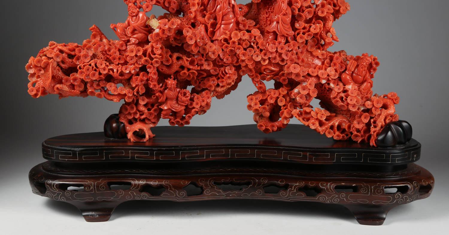 Exceptional Large Chinese Carved Coral Figural Group of a Pine Tree & Scholars 1
