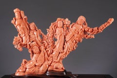 Exceptional Large Chinese Carved Coral Figural Group Statue of Female Immortals