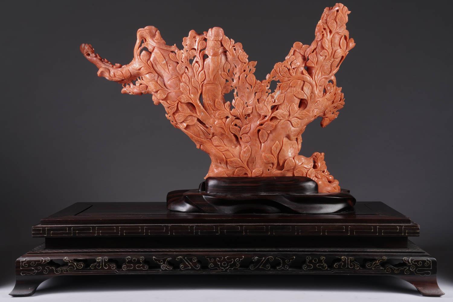 Exceptional Large Chinese Carved Coral Figural Group Statue of Female Immortals For Sale 1