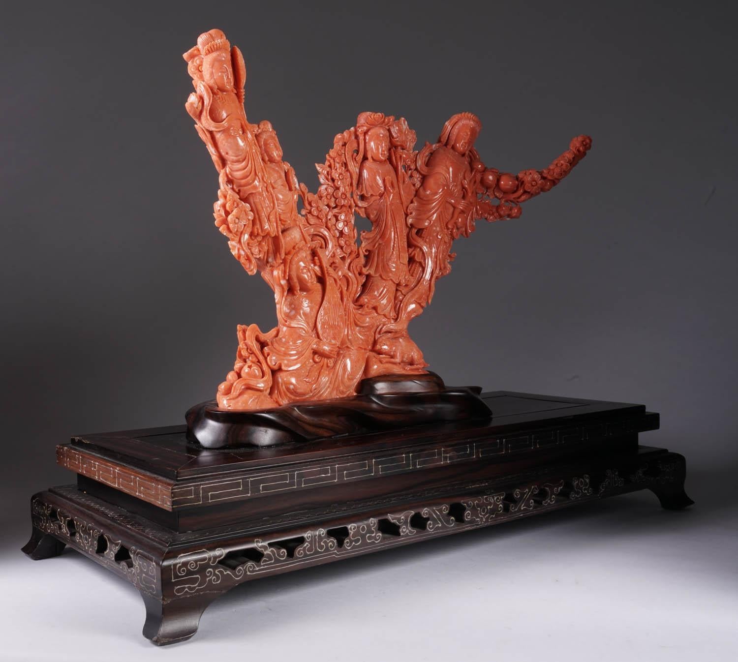 Exceptional Large Chinese Carved Coral Figural Group Statue of Female Immortals For Sale 4