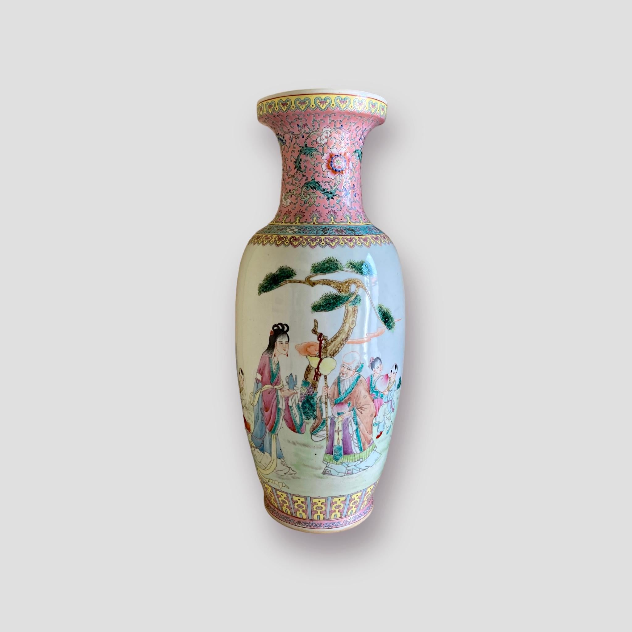 20th Century Exceptional large Chinese Famille Rose Hand Painted Vase For Sale