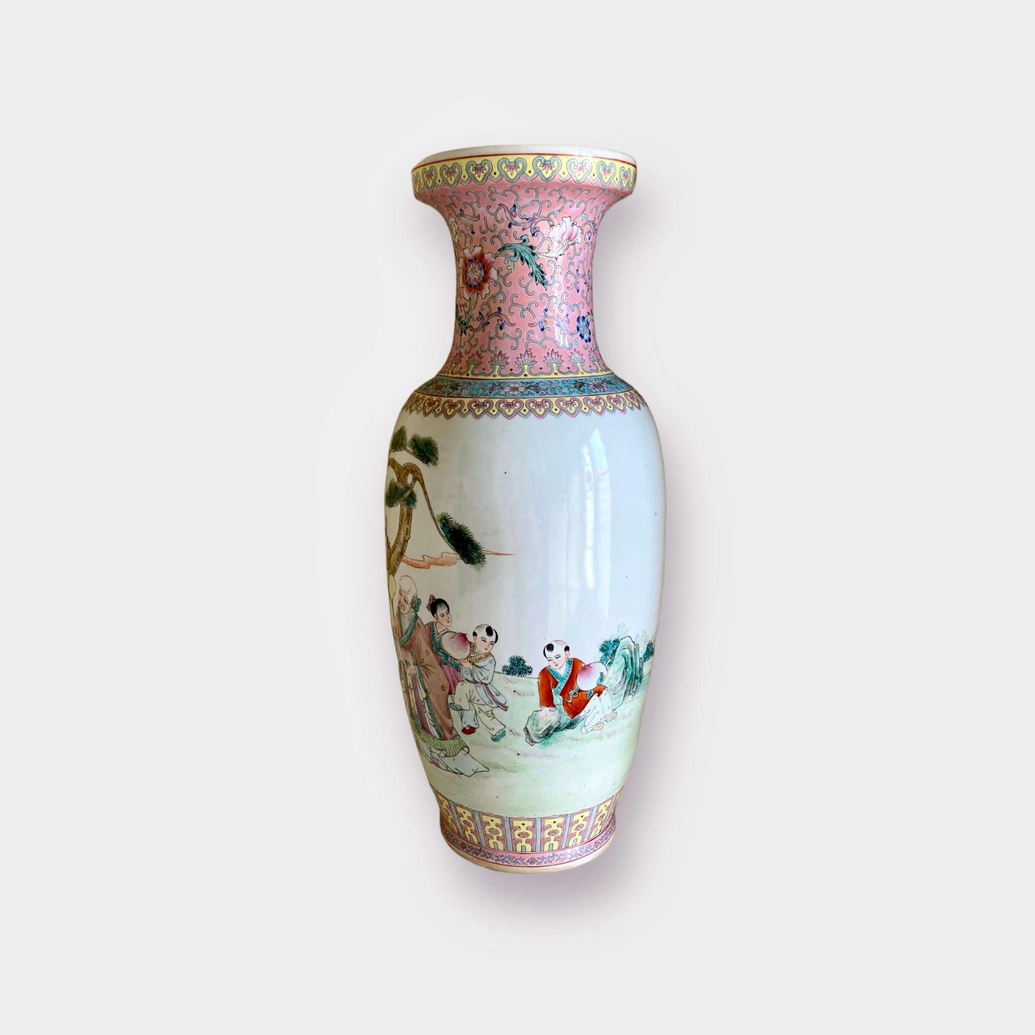 Porcelain Exceptional large Chinese Famille Rose Hand Painted Vase For Sale