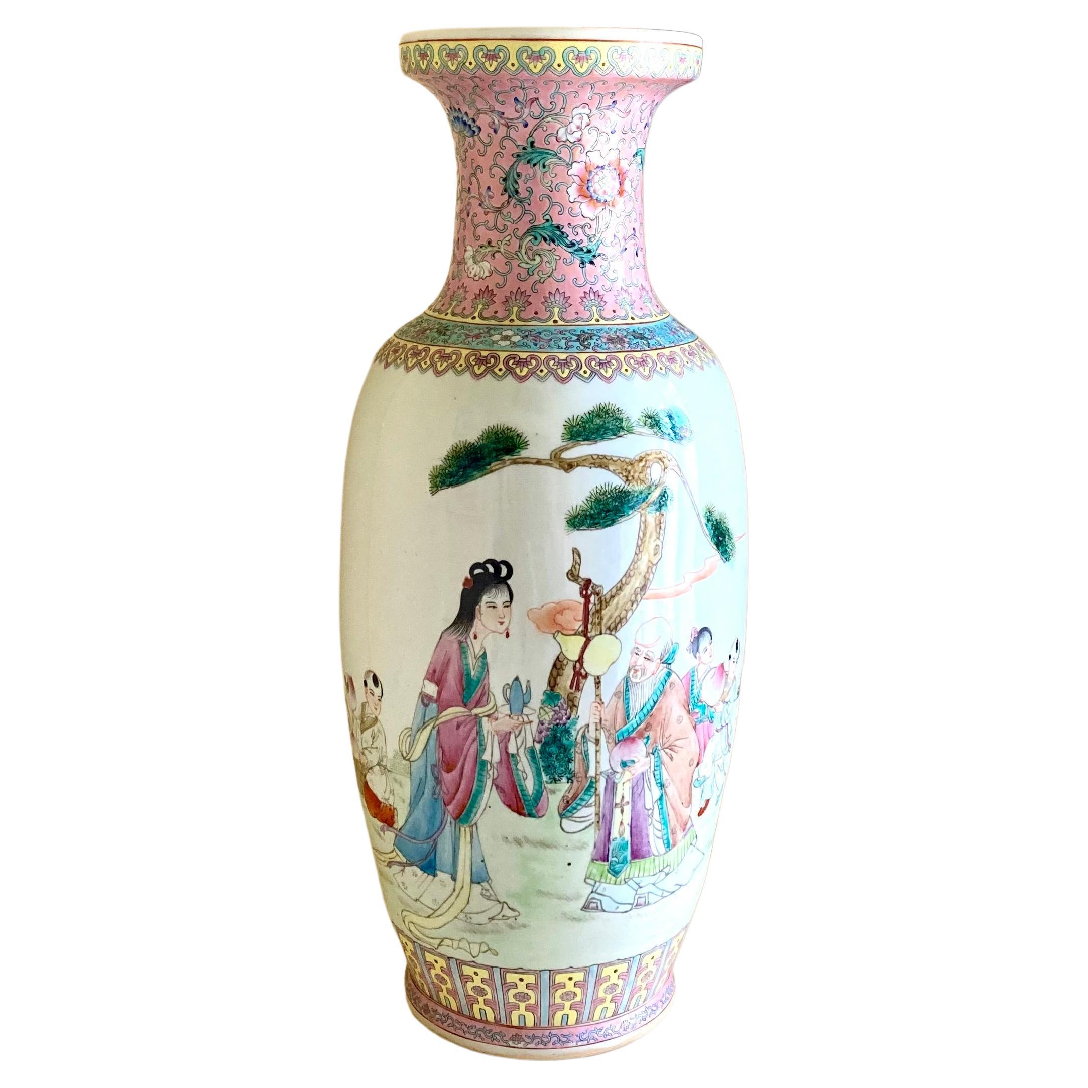 Exceptional large Chinese Famille Rose Hand Painted Vase For Sale