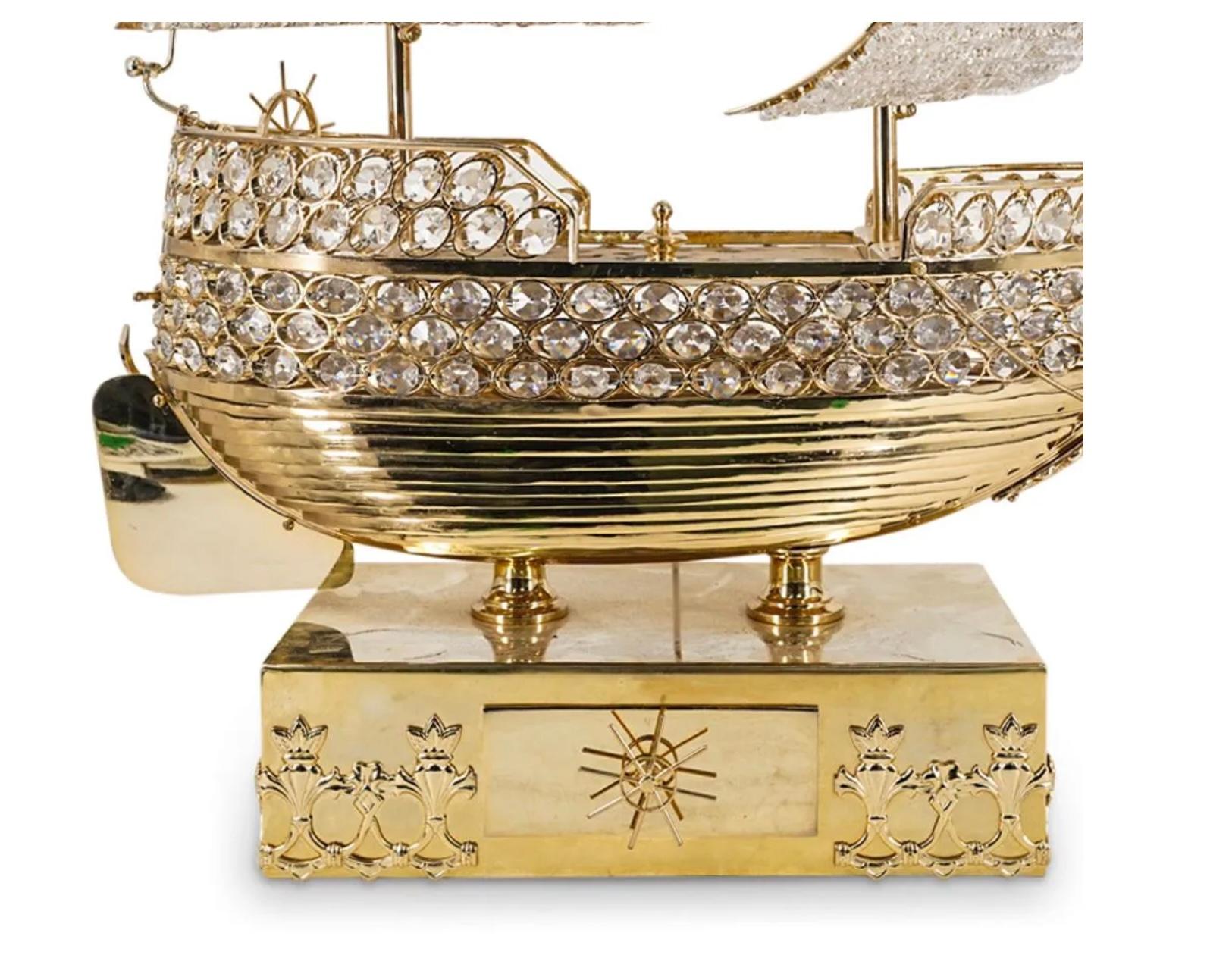 Belle Époque Exceptional Large French Gilt and Crystal Sailing Ship Lamp For Sale