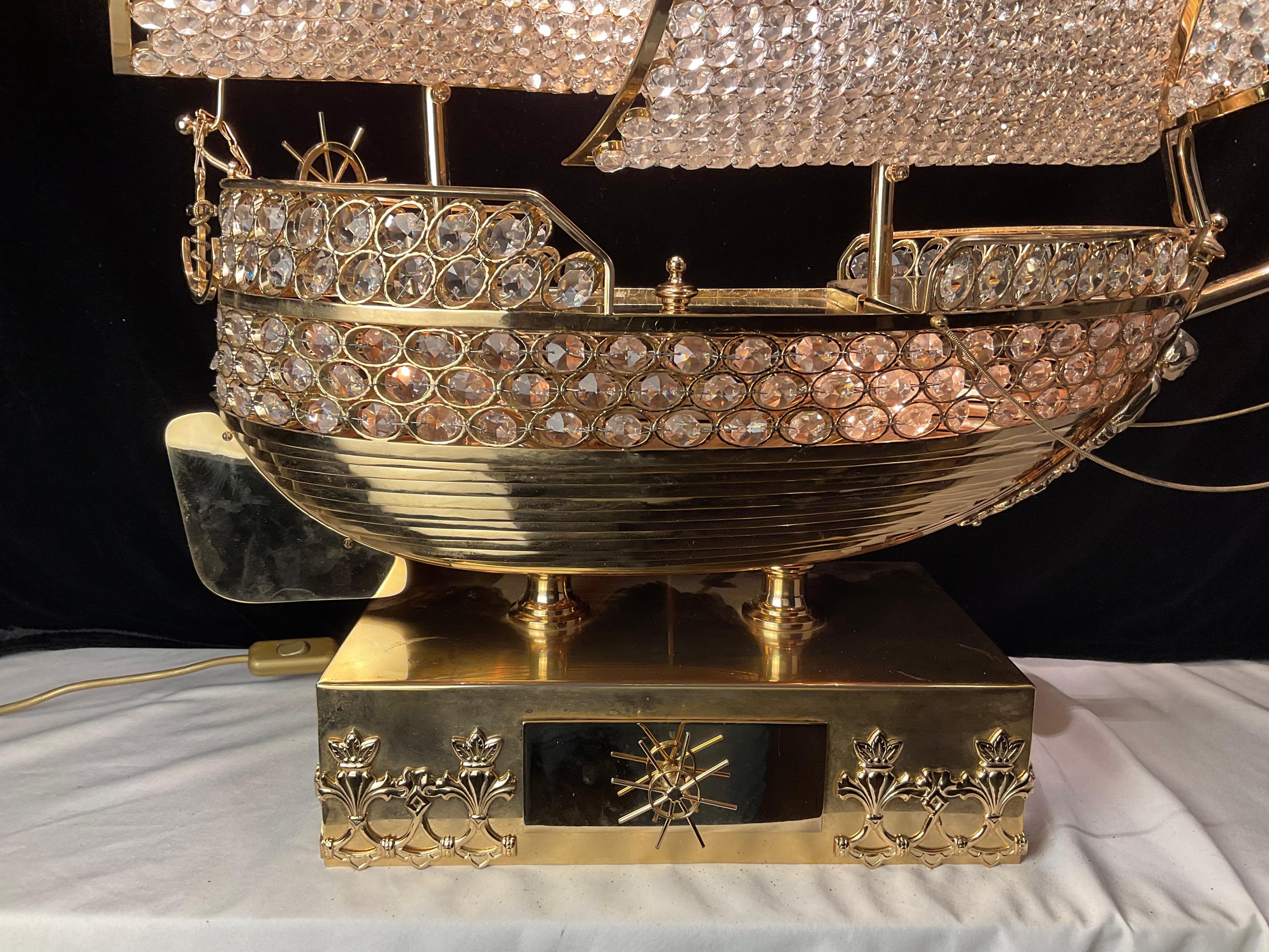 20th Century Exceptional Large French Gilt and Crystal Sailing Ship Lamp For Sale