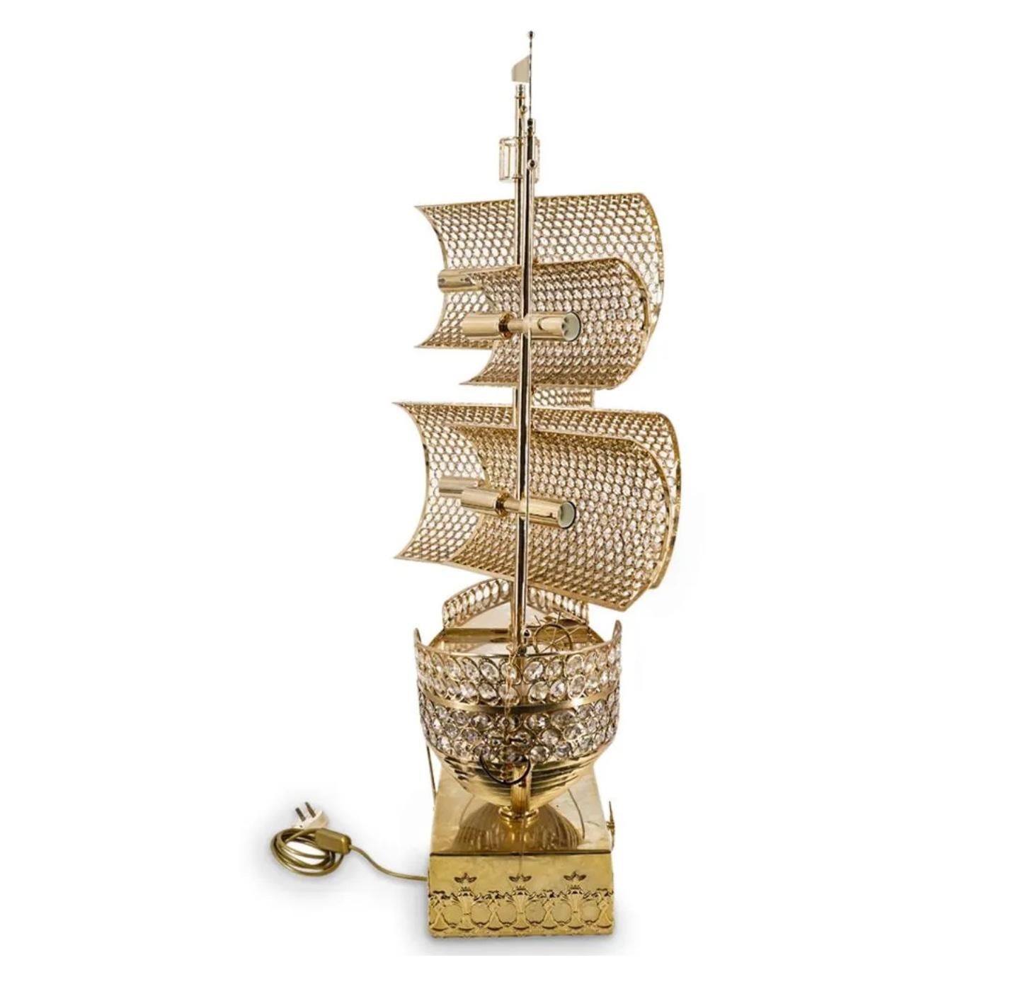Exceptional Large French Gilt and Crystal Sailing Ship Lamp For Sale 2