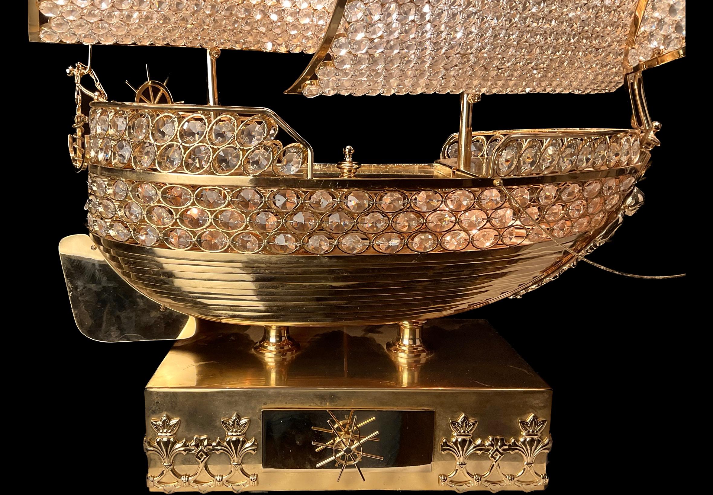 Exceptional Large French Gilt and Crystal Sailing Ship Lamp For Sale 3