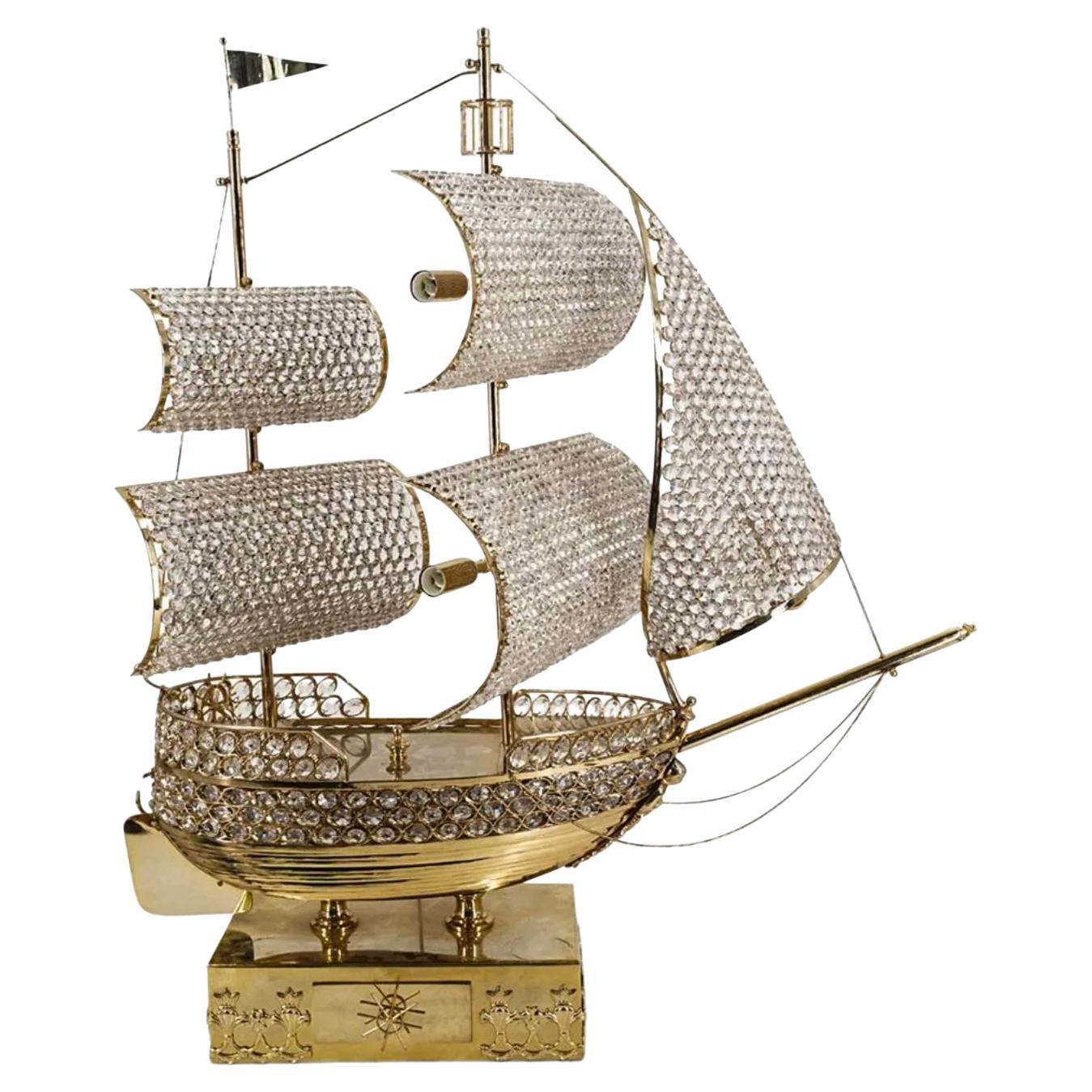 Exceptional Large French Gilt and Crystal Sailing Ship Lamp For Sale