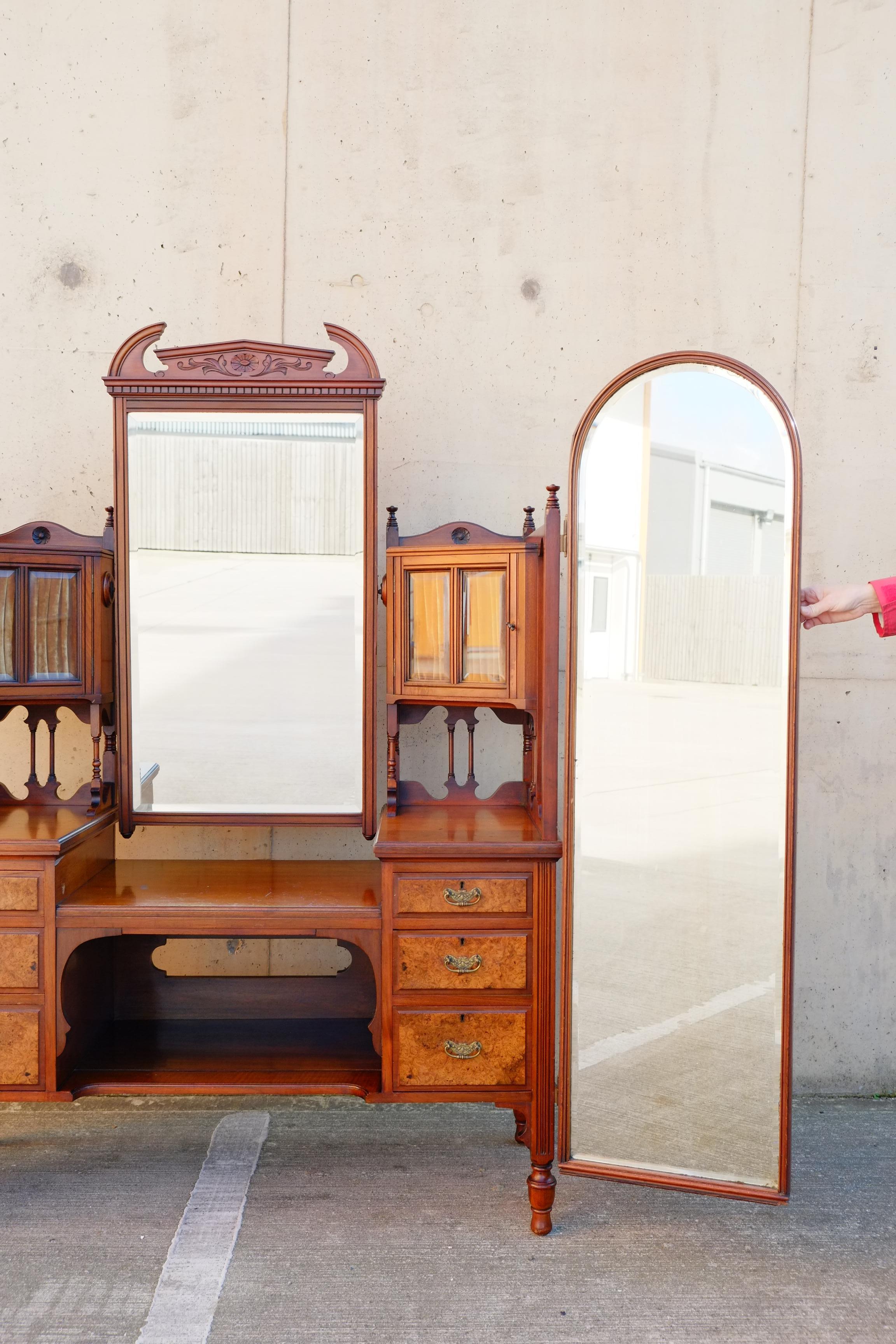 Exceptional Large Gothic English Victorian Burr Walnut Dressing Table Vanity For Sale 8