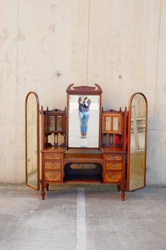 Exceptional Large Gothic English Victorian Burr Walnut Dressing Table Vanity