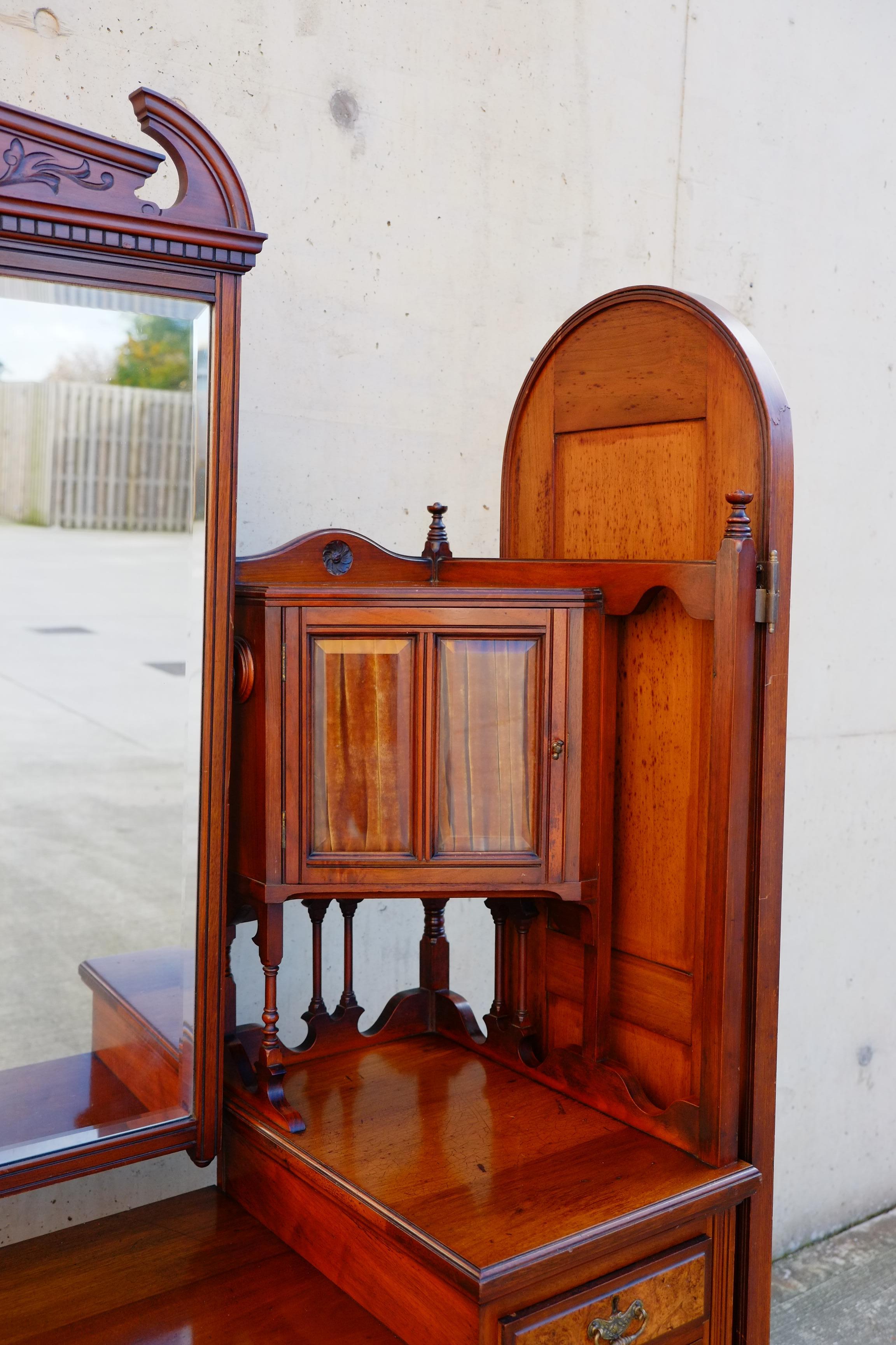 Early 20th Century Exceptional Large Gothic English Victorian Burr Walnut Dressing Table Vanity For Sale