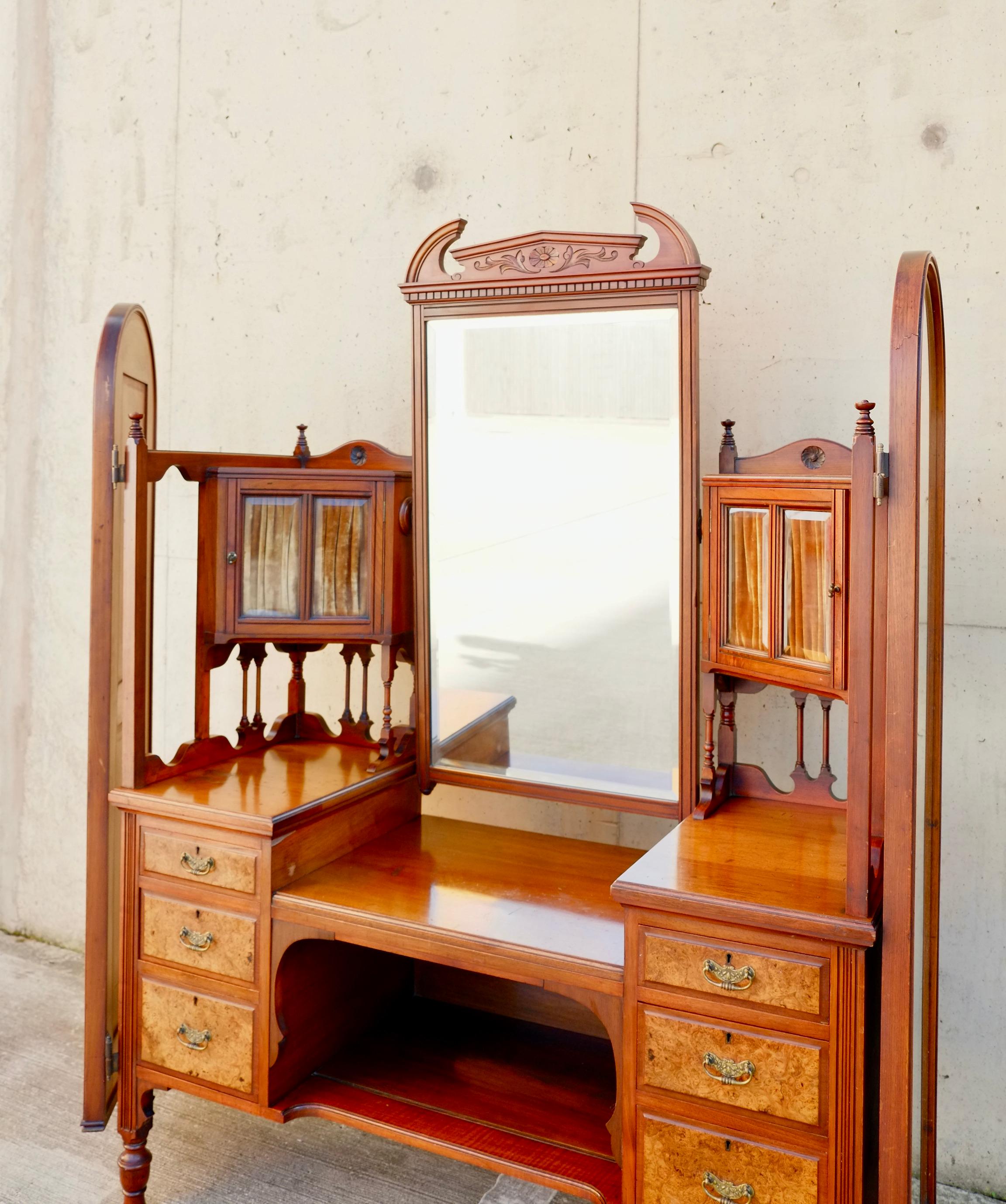 Exceptional Large Gothic English Victorian Burr Walnut Dressing Table Vanity For Sale 3