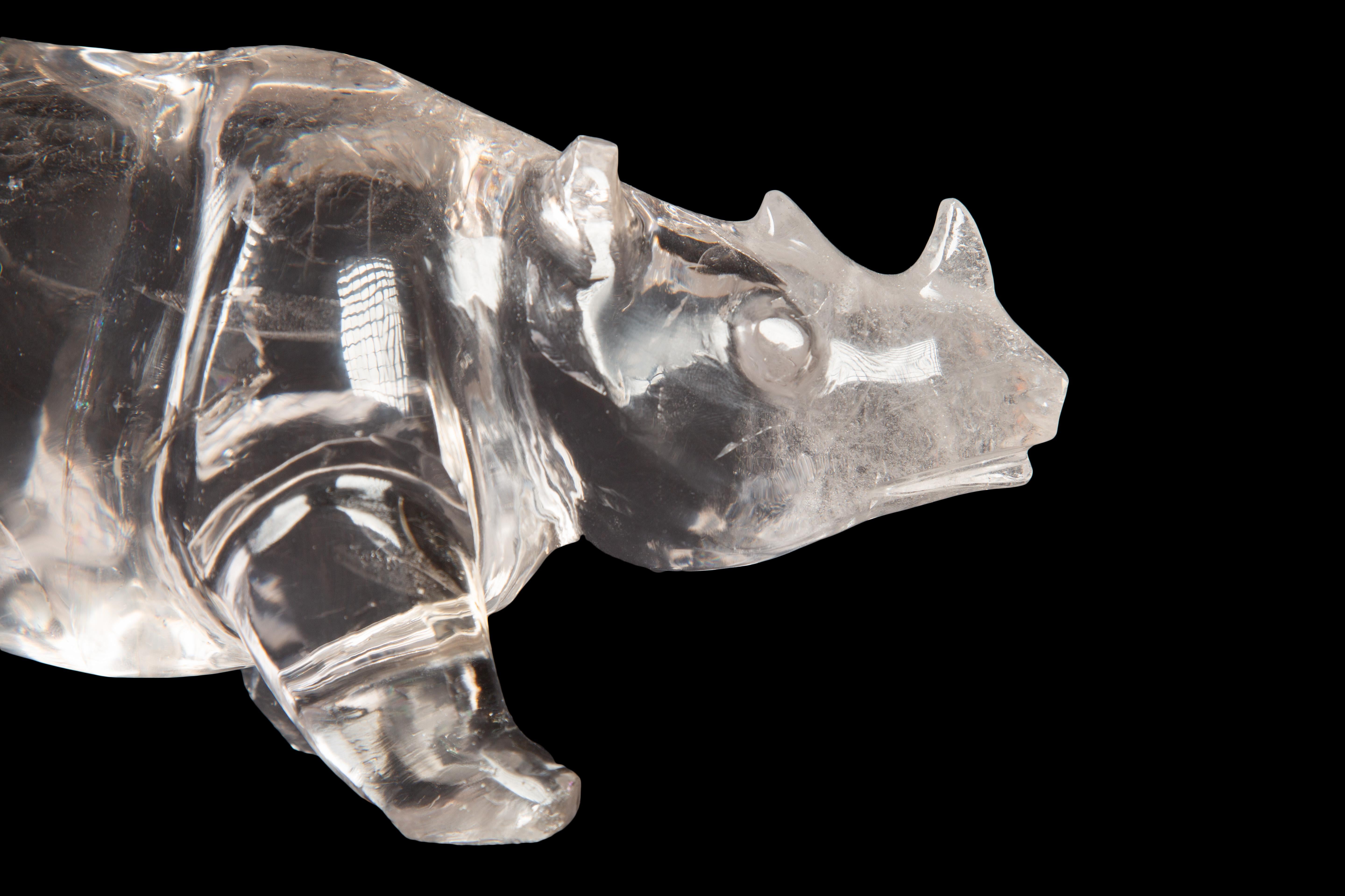Brazilian Exceptional Large Hand Carves Rock Crystal Rhino For Sale