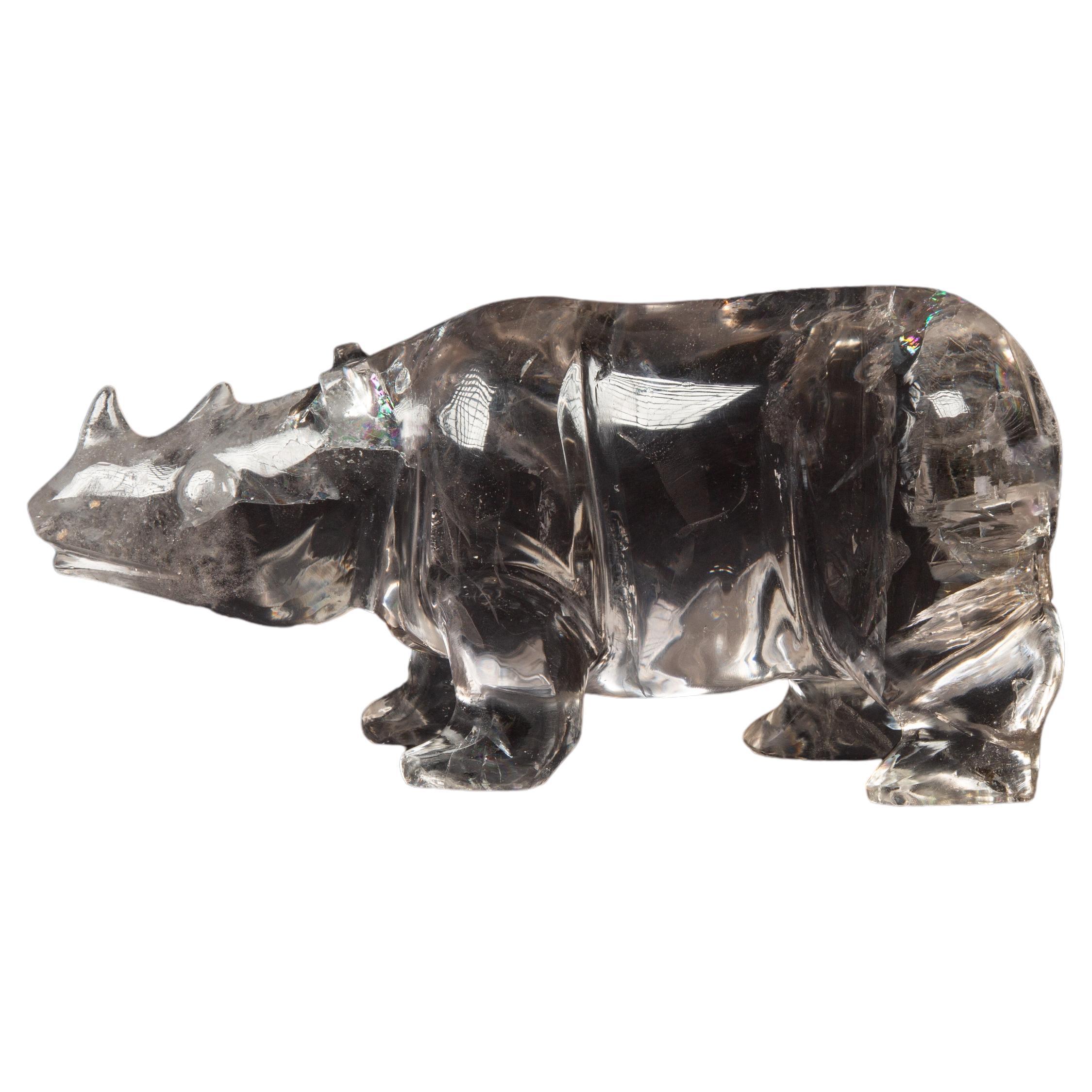 Exceptional Large Hand Carves Rock Crystal Rhino For Sale