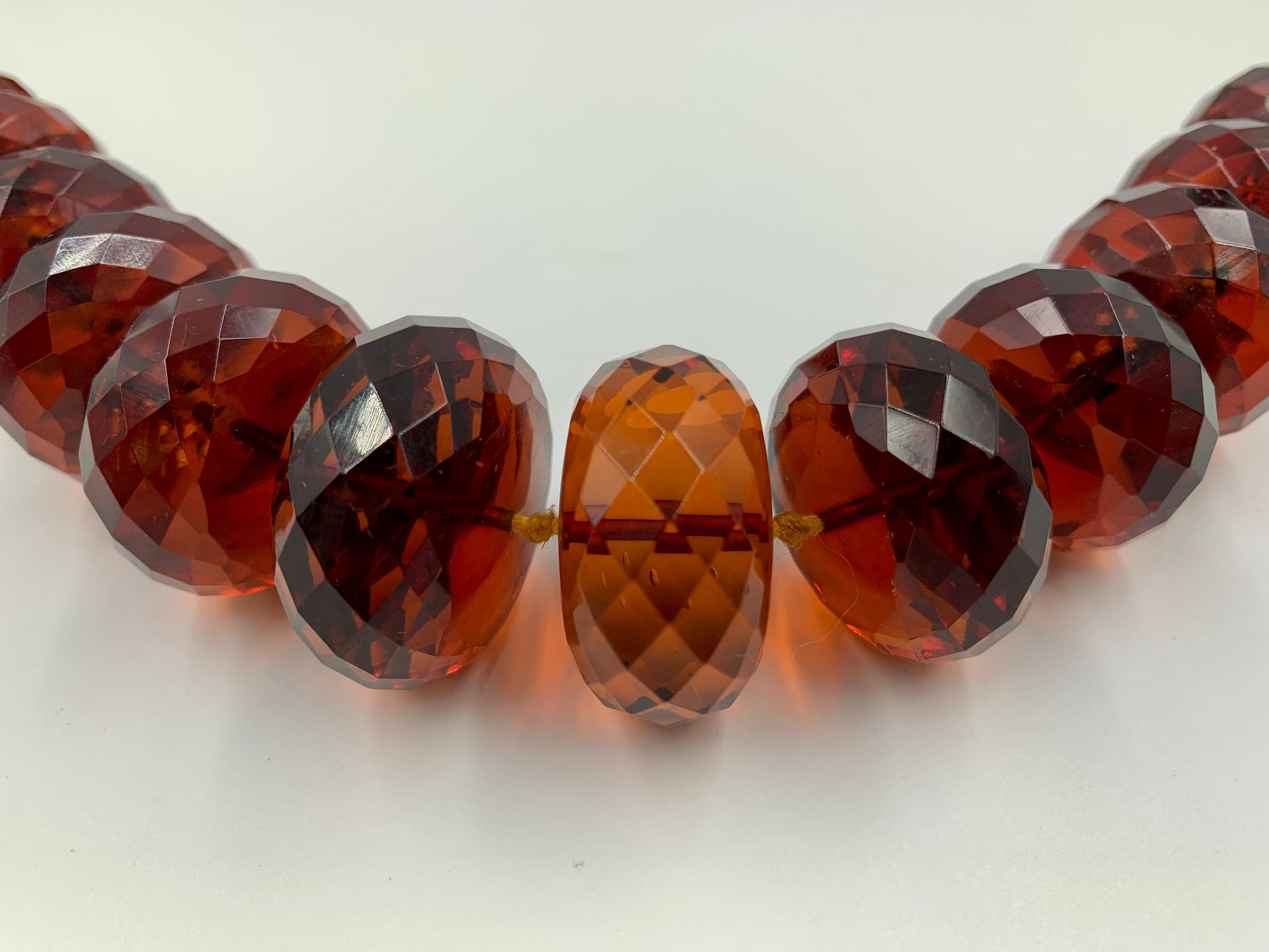 Exceptional Large Natural Vermillion Color Faceted Antique Baltic Amber Necklace For Sale 3