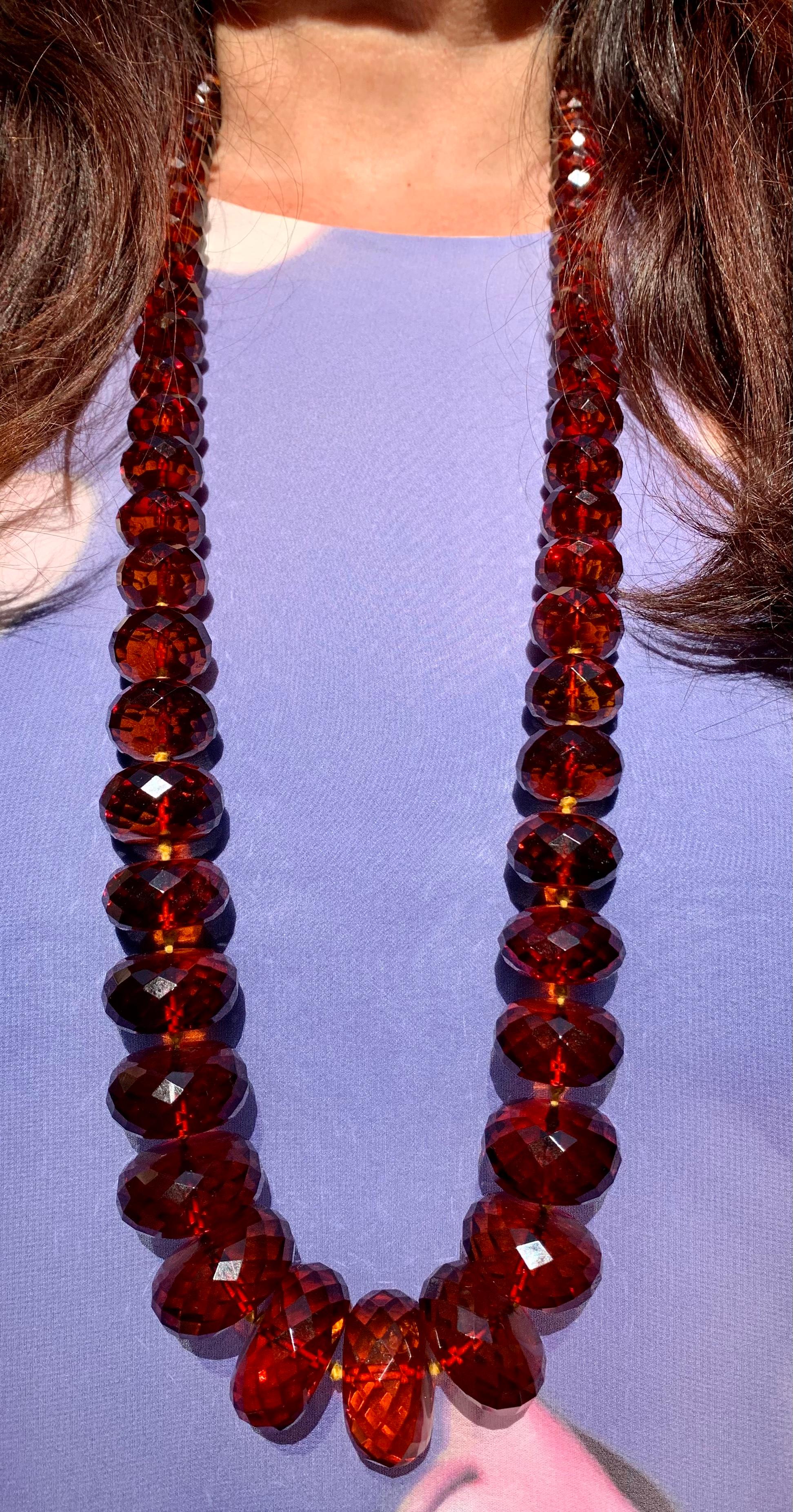 Exceptional Large Natural Vermillion Color Faceted Antique Baltic Amber Necklace For Sale 8