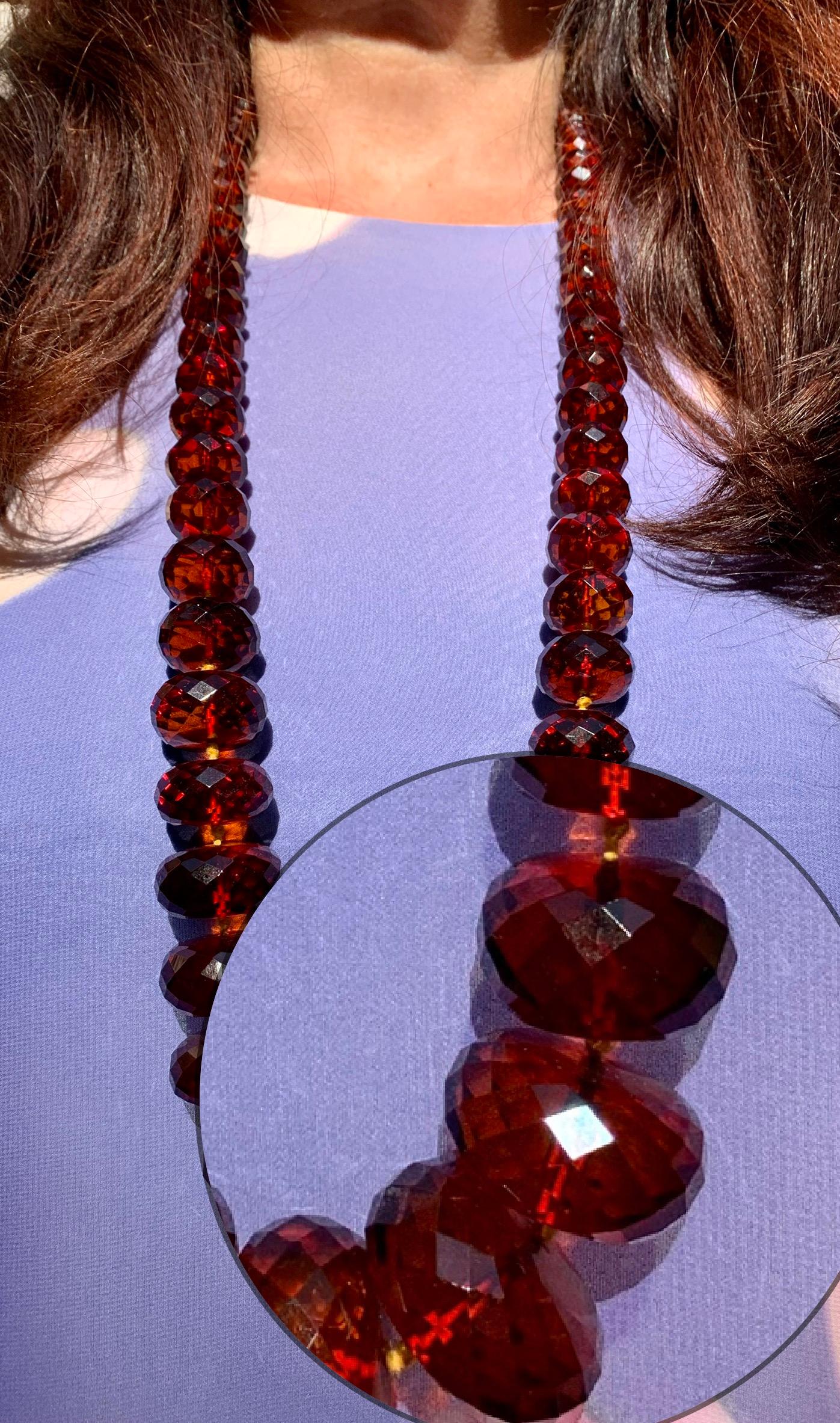 Exceptional Large Natural Vermillion Color Faceted Antique Baltic Amber Necklace For Sale 9