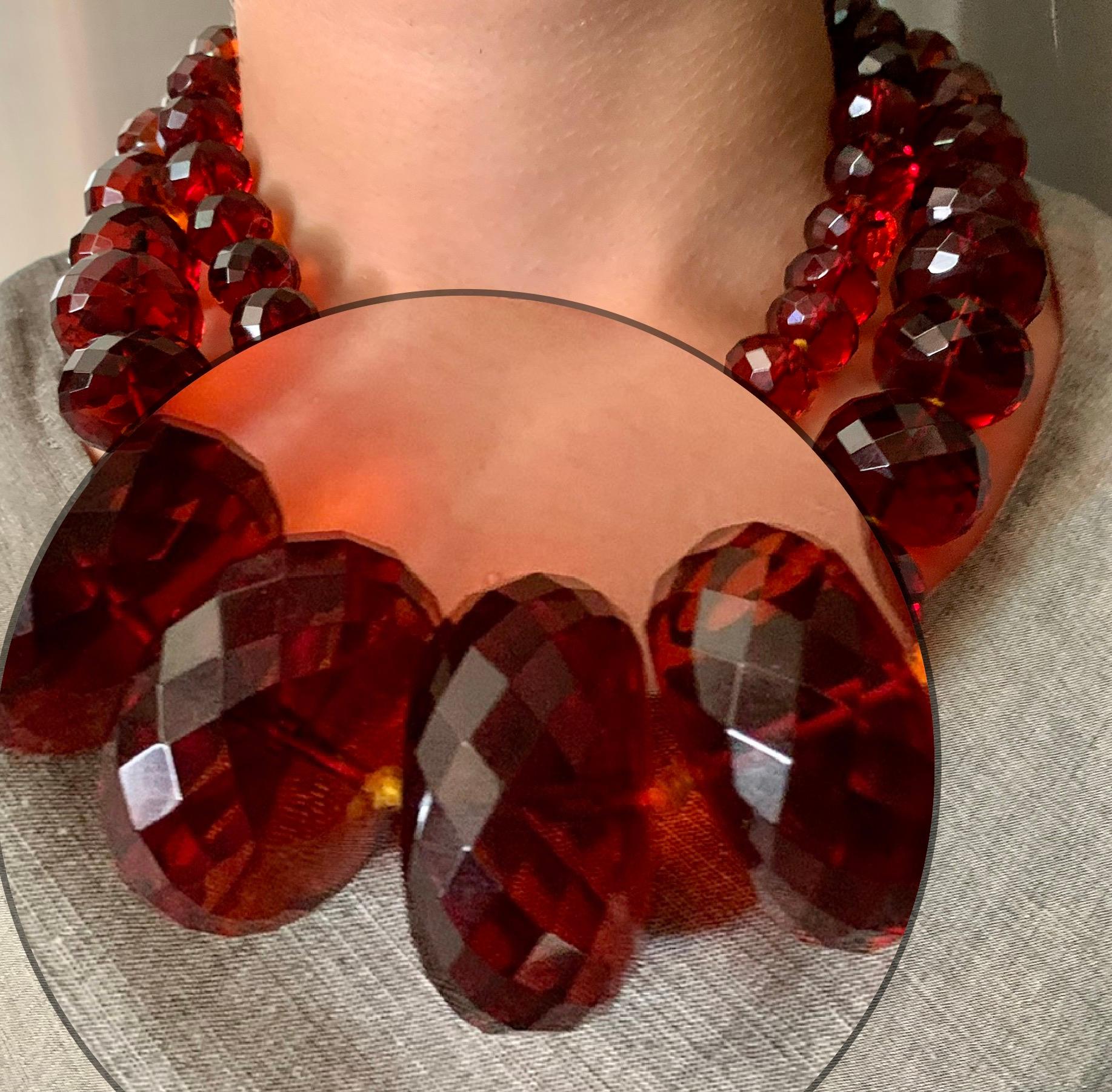 Women's or Men's Exceptional Large Natural Vermillion Color Faceted Antique Baltic Amber Necklace For Sale