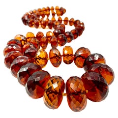 Exceptional Large Natural Vermillion Color Faceted Antique Baltic Amber Necklace