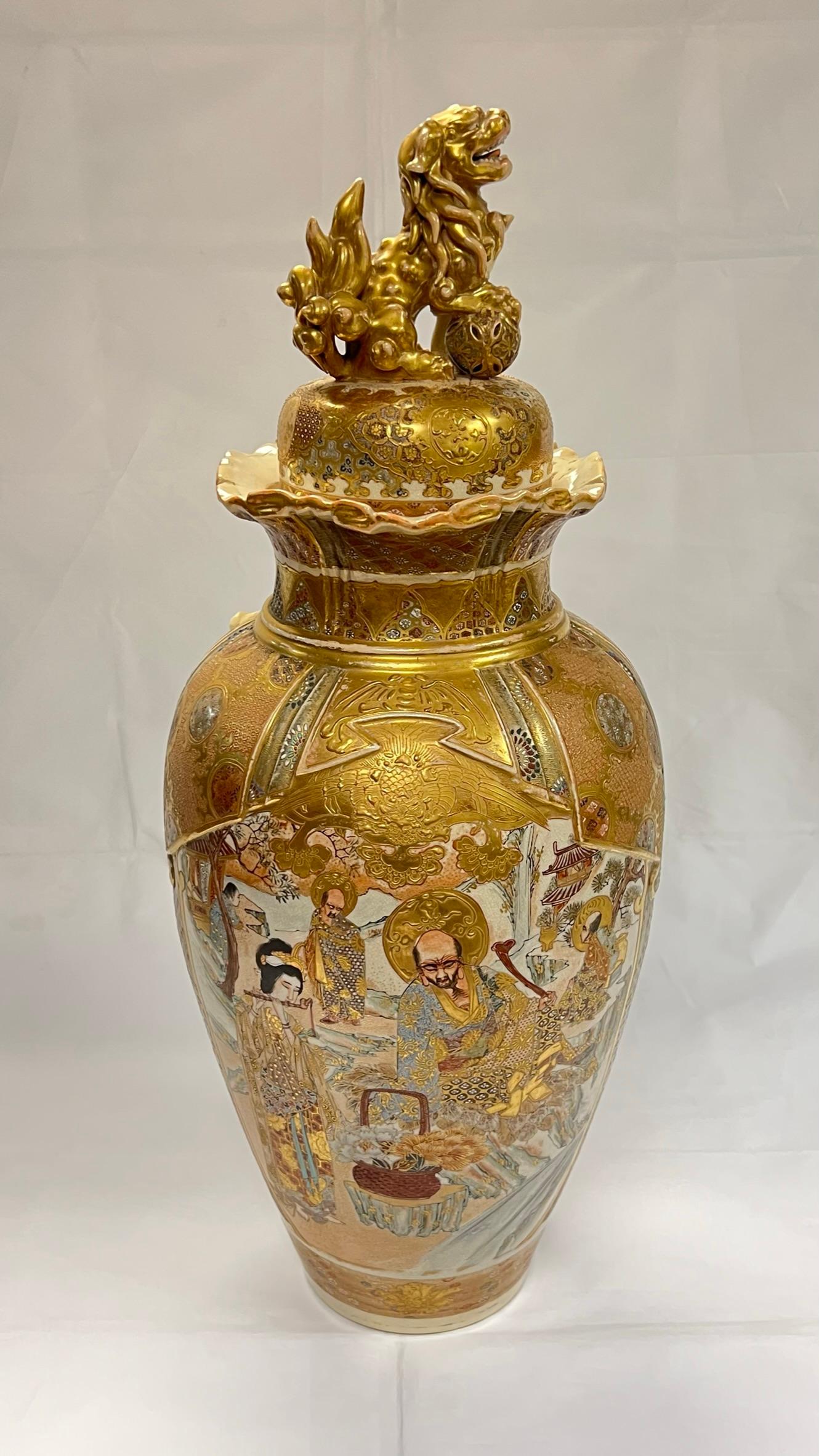 Exceptional and large Satsuma vase with cover with foo dog finial, finely enameled and gilt.  Drilled apparently for use previously as table lamp.  Firing crack to the lid, otherwise in excellent condition.