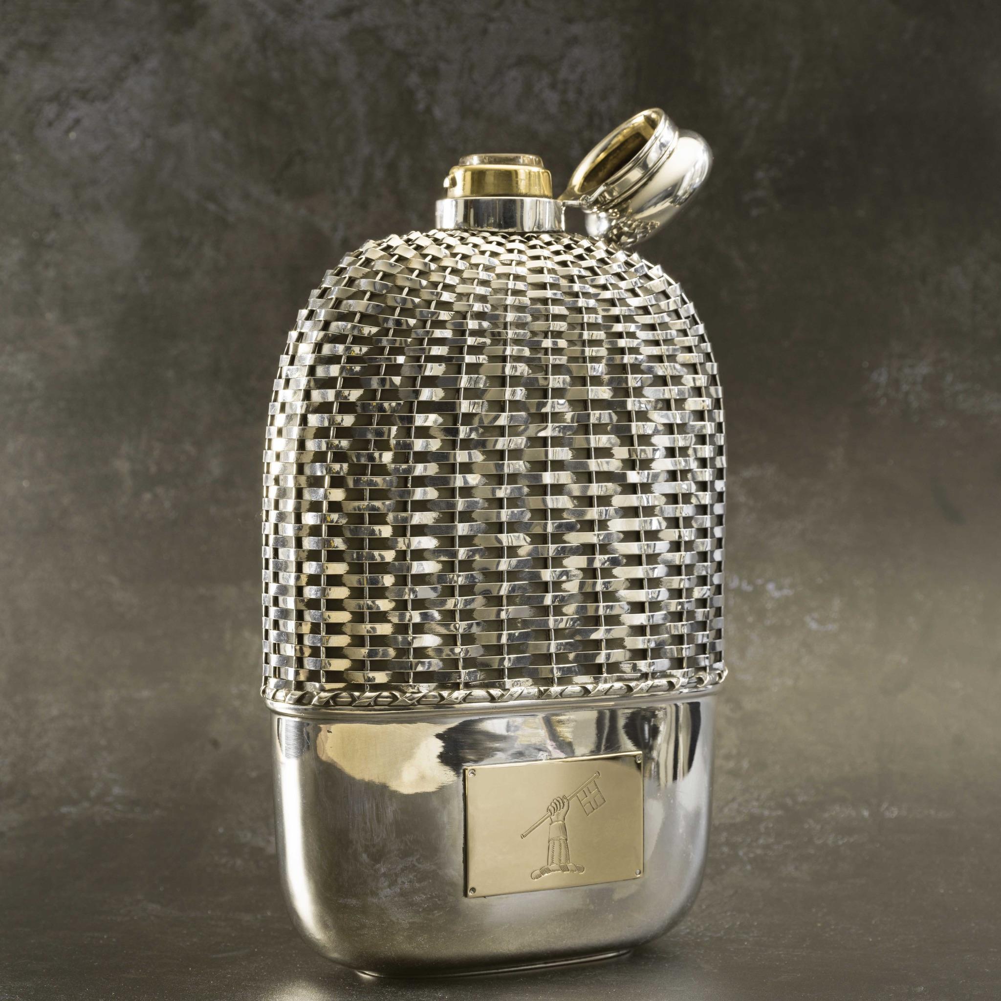American Exceptional Large Sterling Silver and Glass Huntsman’s Flask, circa 1910