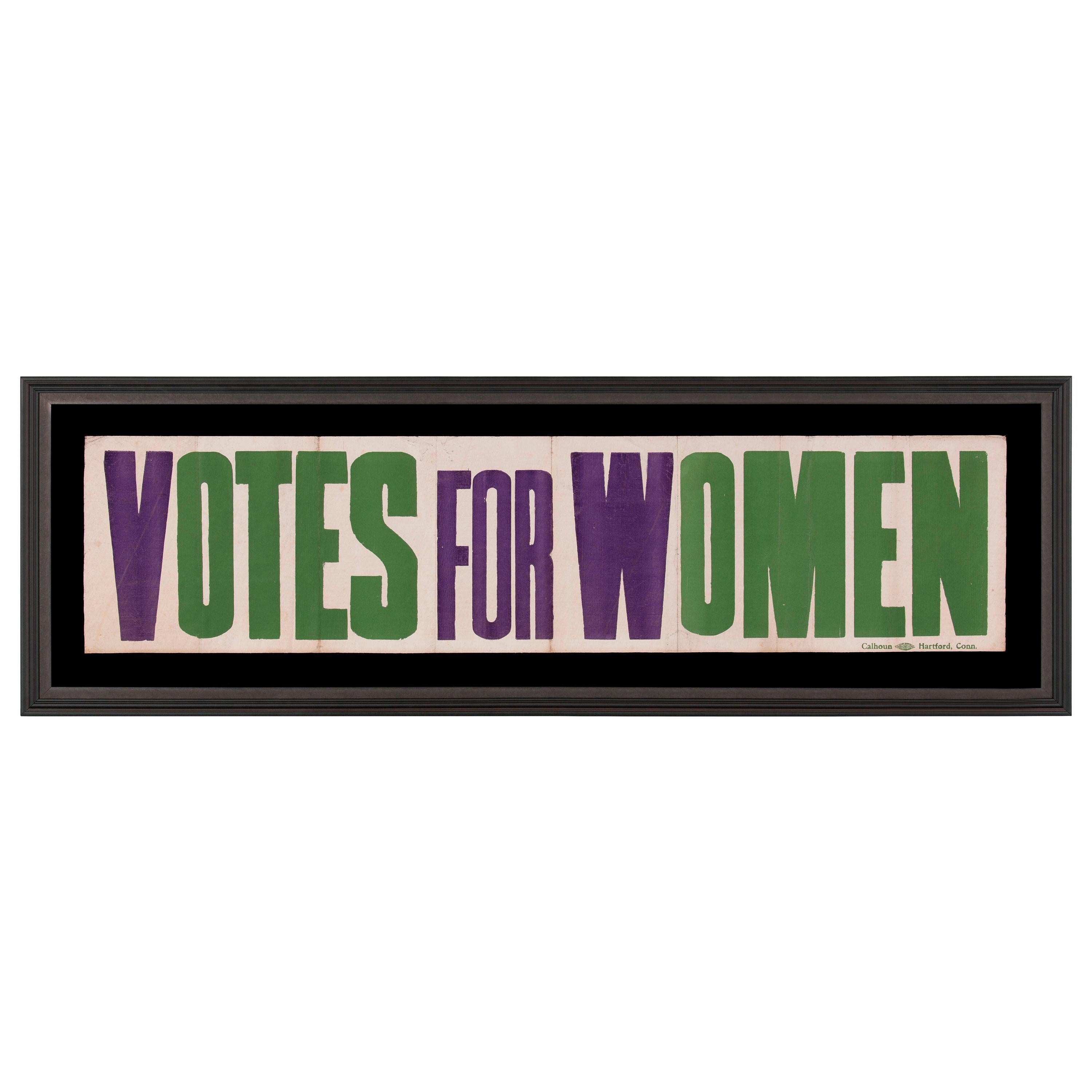 EXCEPTIONAL, LARGE, VOTES FOR WOMEN BANNER IN VIOLET AND GREEN, MADE IN HARTFORD, CONNECTICUT, PROBABLY COMMISSIONED BY HARRIOT EATON STANTON BLATCH'S 