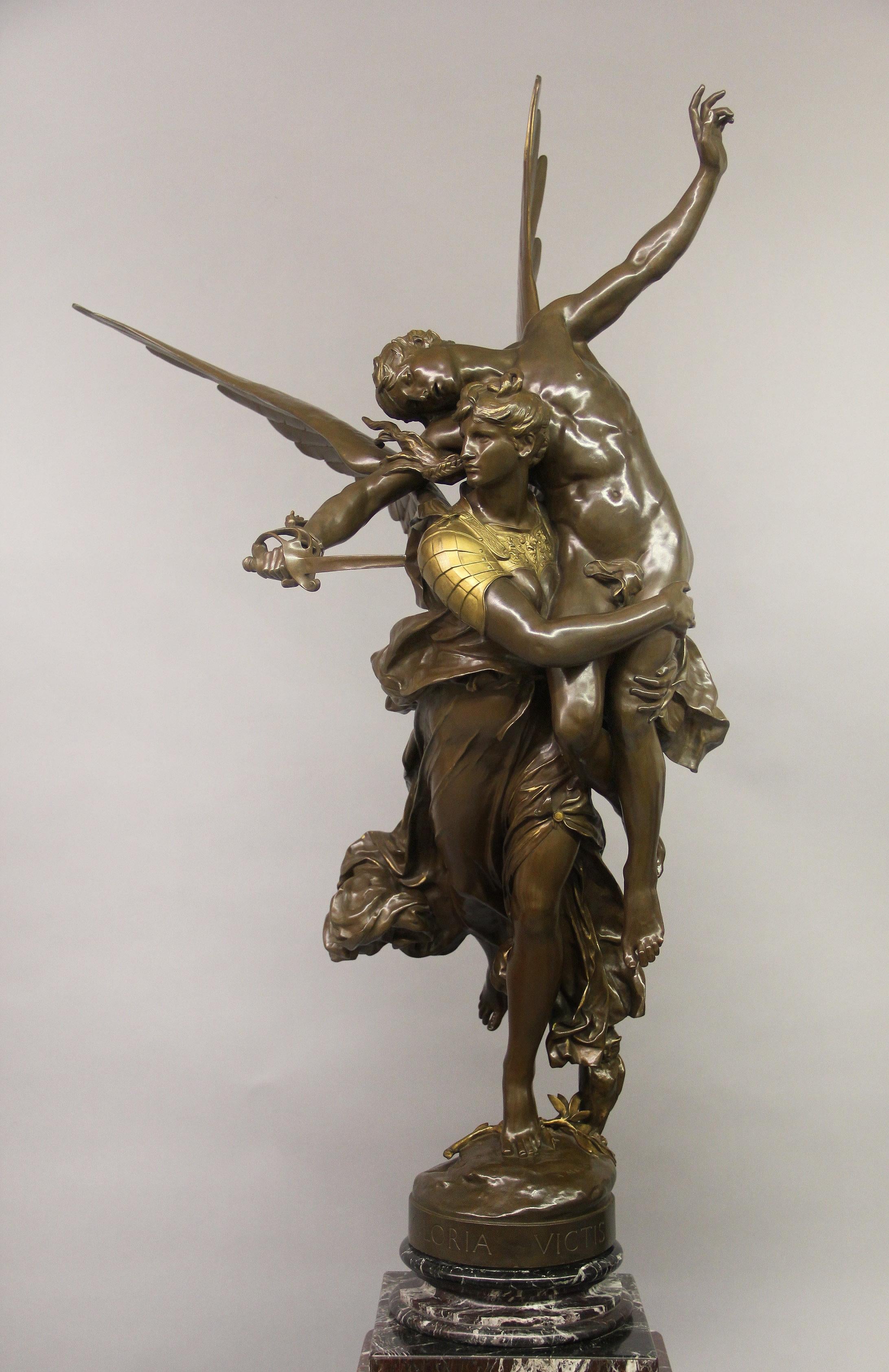 The wonderful and exceptional Late 19th Century bronze figural sculpture entitled “Gloria Victis” by Mercié and Barbedienne

Antonin Mercié and Ferdinand Barbedienne

Bronze, mid-brown patina with gilt highlights, raised on a Levanto Rouge