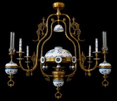 Exceptional Late 19th Century Dutch Delft Blue Brass Gas Chandelier
