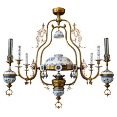 Exceptional Late 19th Century Dutch Delft Blue Brass Gas Chandelier