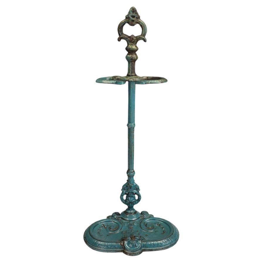 Exceptional Late 19th Century French Cast Iron Stick Stand with Green Enamel Fin