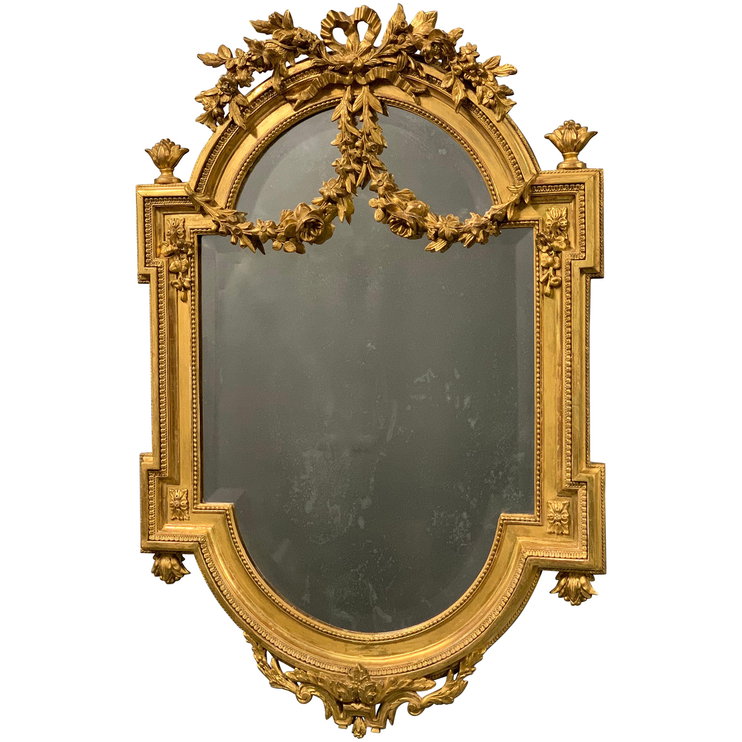 Exceptional Late 19th Century French Louis XVI Style Gilt Bevelled Mirror For Sale