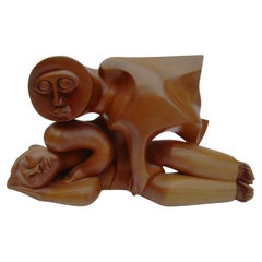 Exceptional Latin American Modernist Wood Sculpture Owl & Sleeping Figure