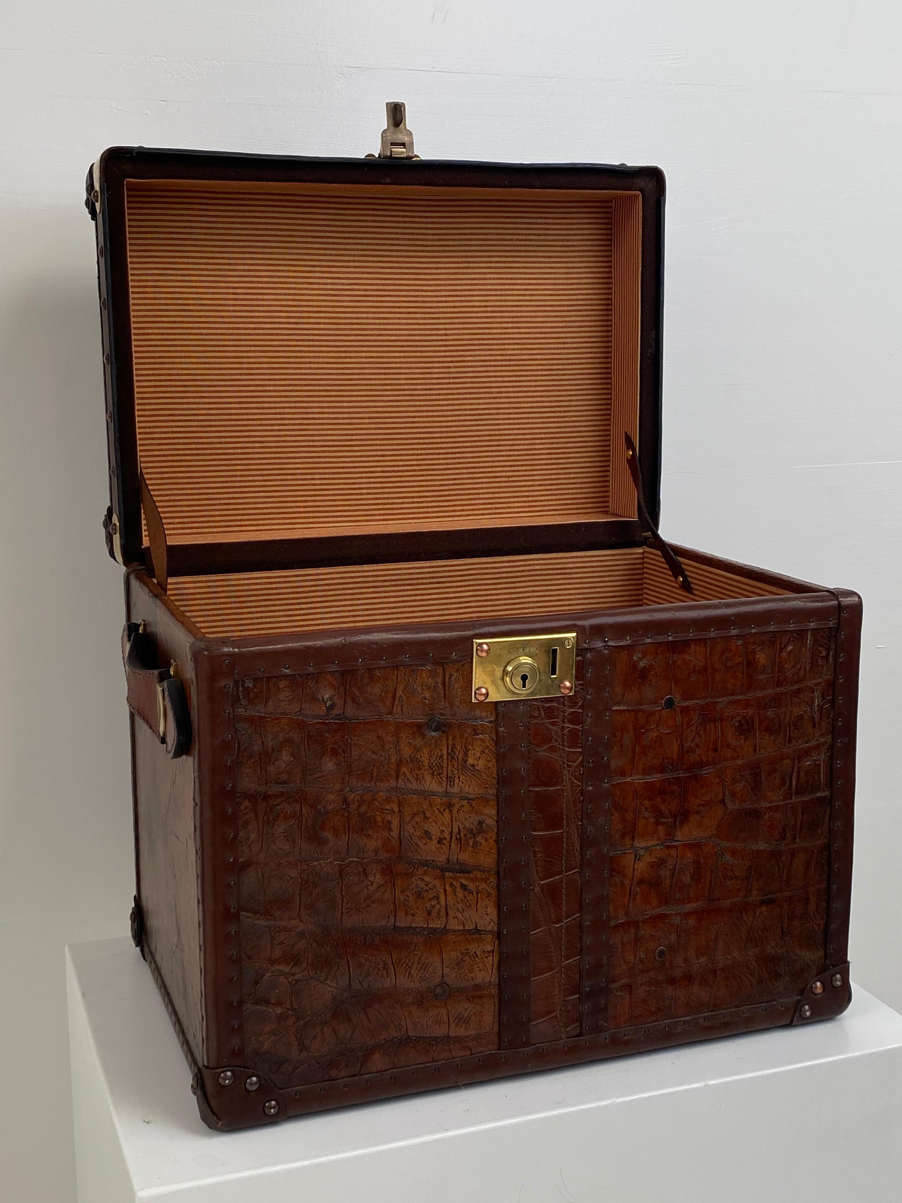Exceptional English Antique Leather Trunk with Crocodile Skin Top For Sale 3