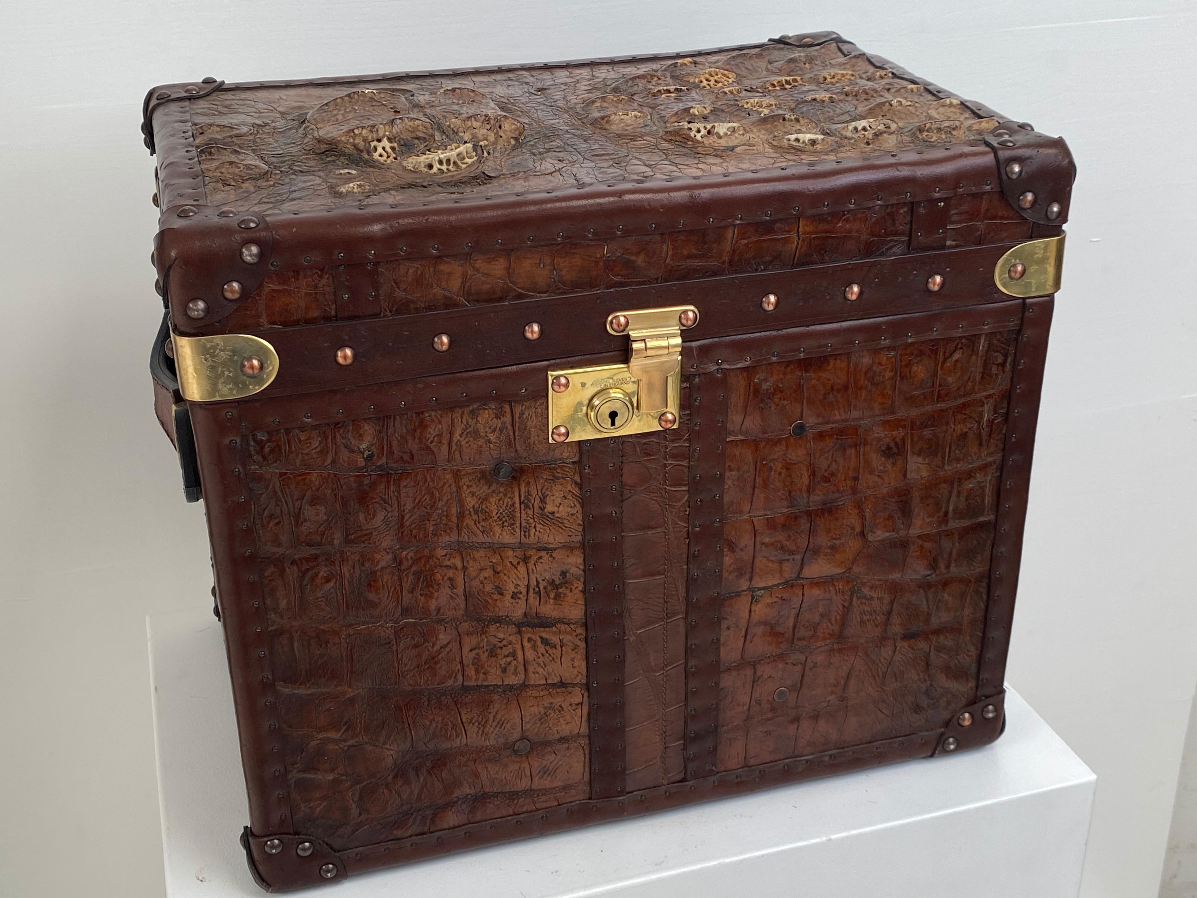 Exceptional English Antique Leather Trunk with Crocodile Skin Top For Sale 4
