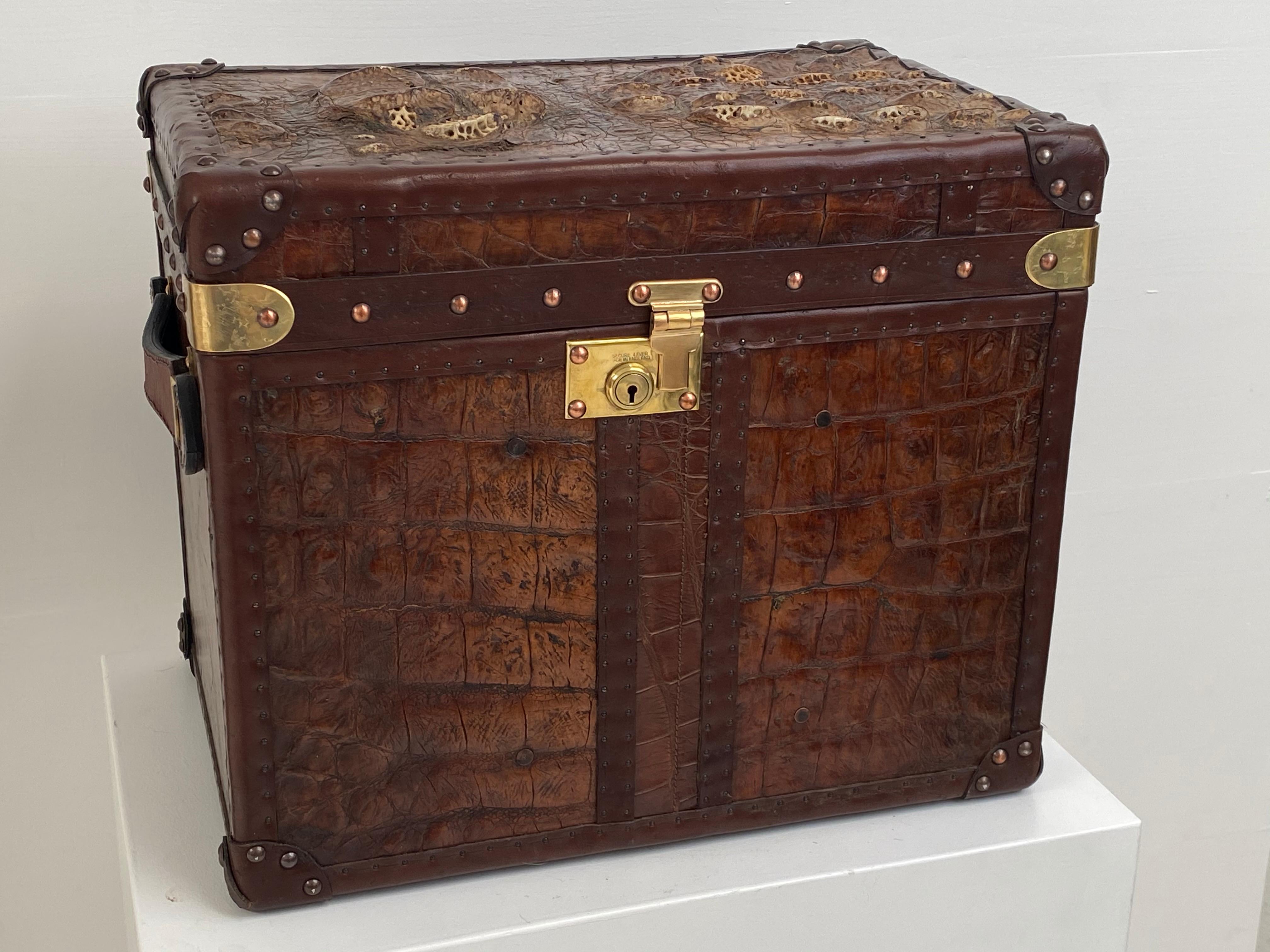 Exceptional English Antique Leather Trunk with Crocodile Skin Top For Sale 5
