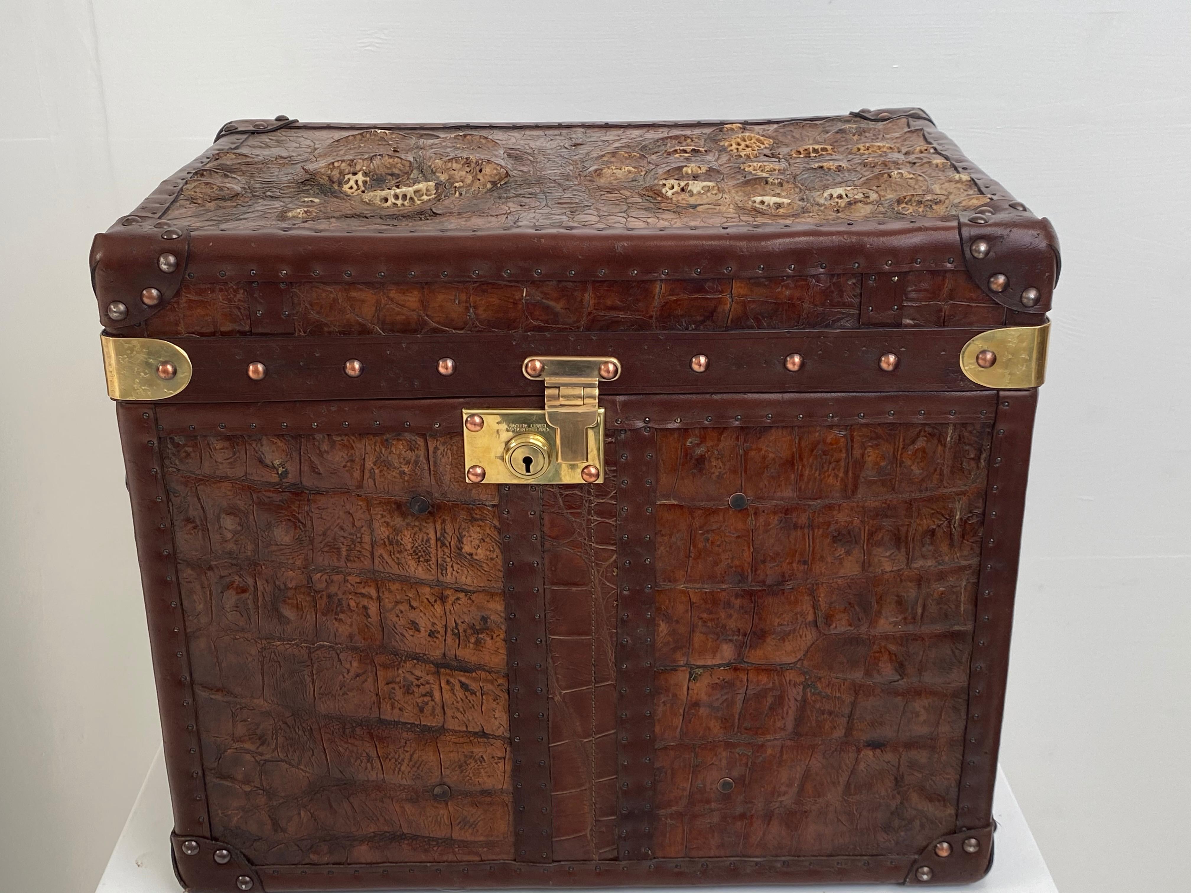 Beautiful trunk in Leather and Crocodile skin,
England, early 20th century,
nicely restored with great, stunning patina, brown leather trimming
and brass locks and clasps, corners.